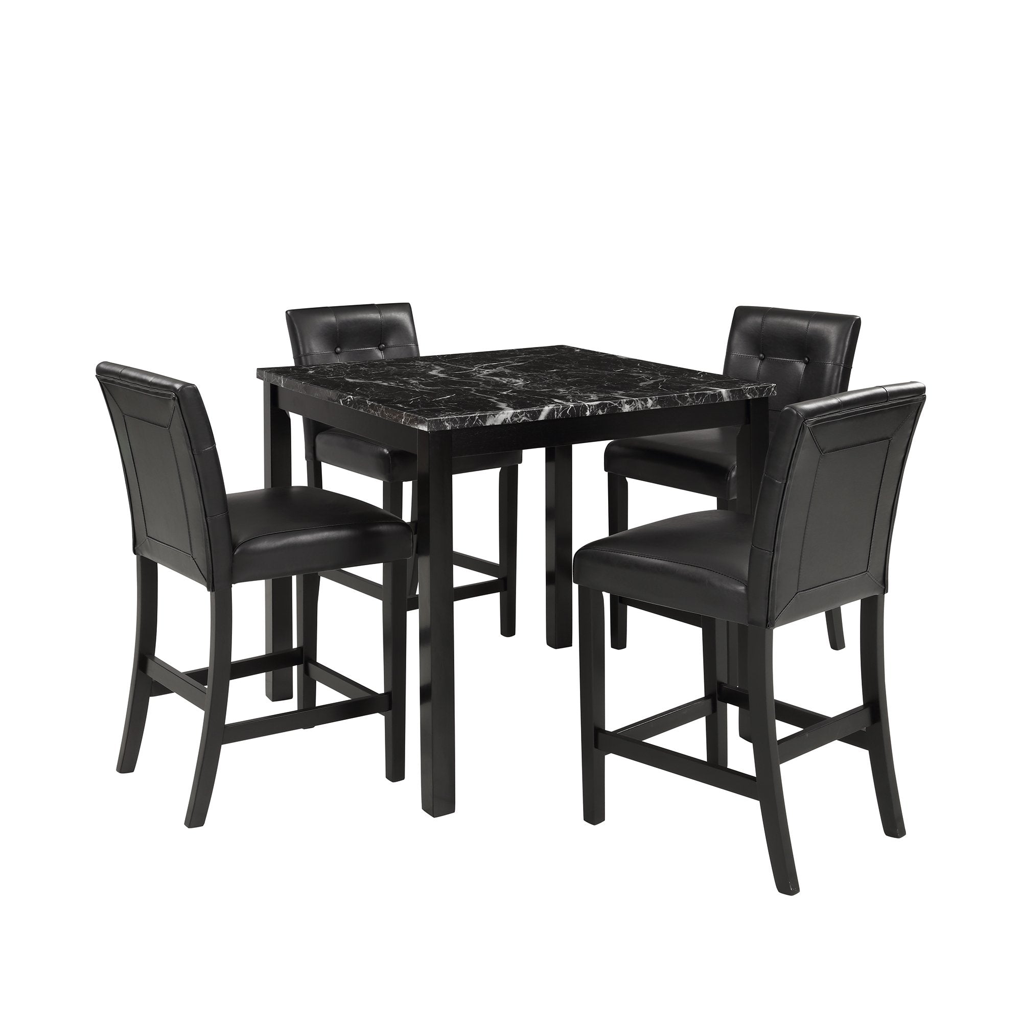 5-Piece Kitchen Table Set Marble Top Counter Height Dining Table Set with 4 Leather-Upholstered Chairs (Black)-Boyel Living