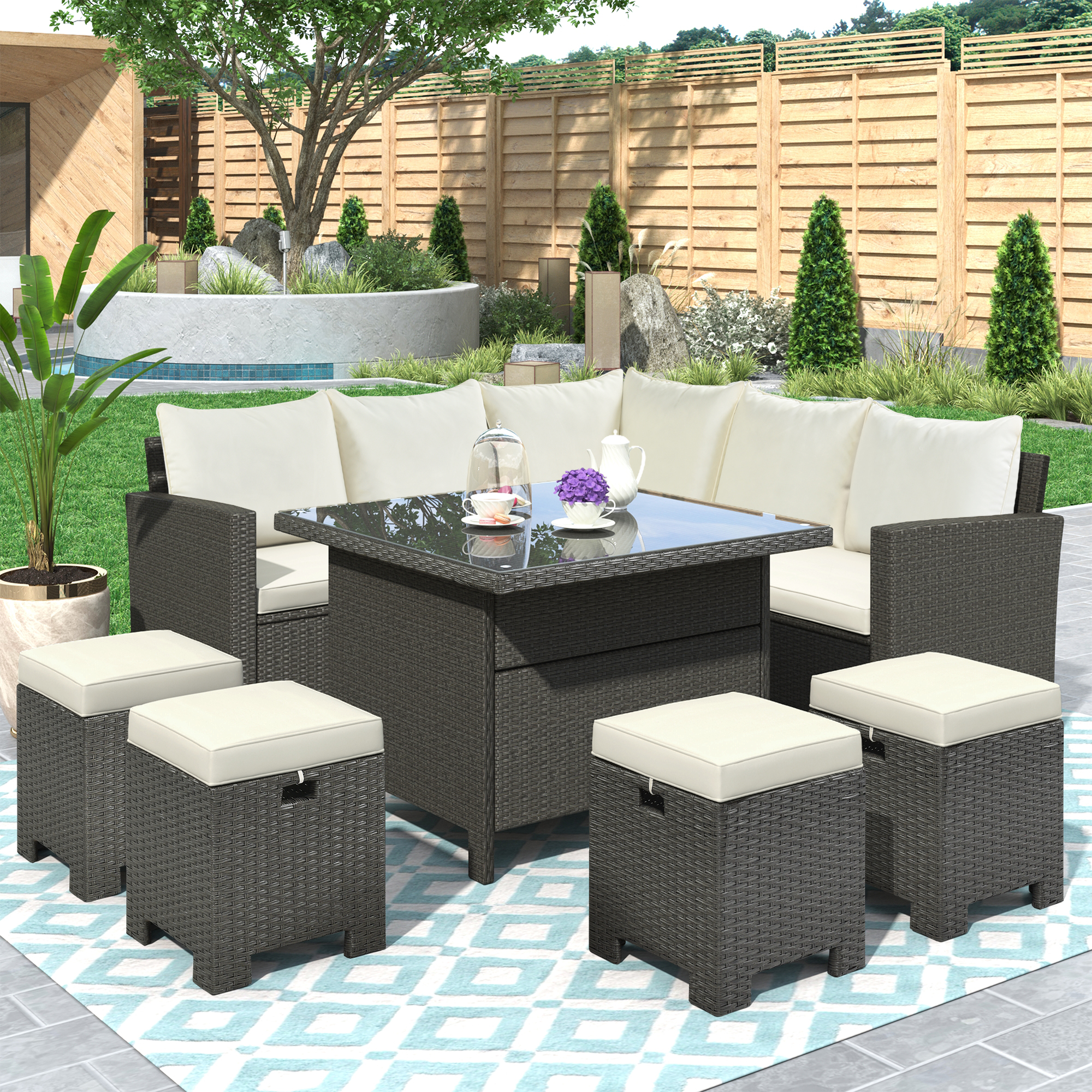 Patio Furniture Set, 8 Piece Outdoor Conversation Set, Dining Table Chair with Ottoman, Cushions-Boyel Living