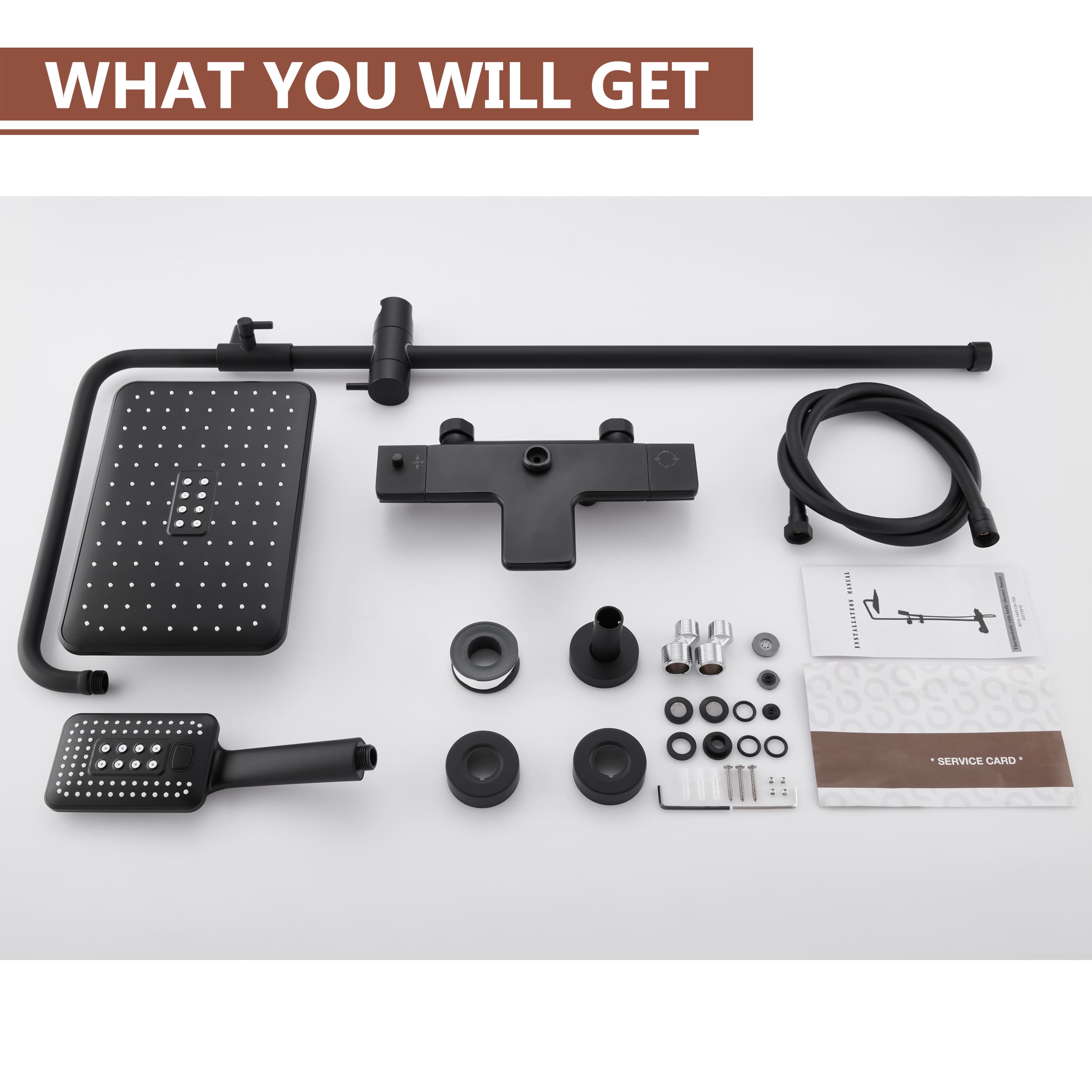 Wall Mount Thermostatic Rain Shower System with Handheld Shower and Tub Spout in Matte Black-Boyel Living