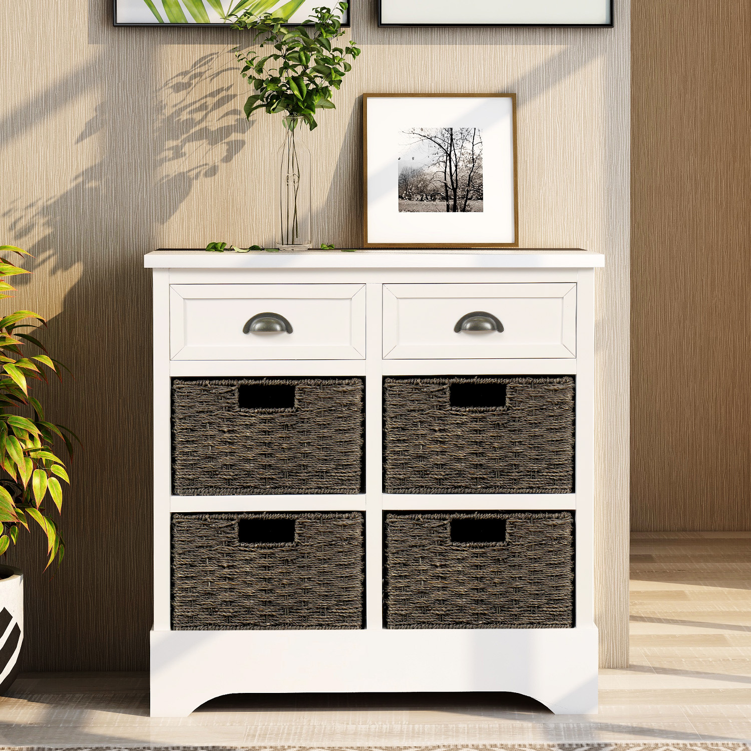 Rustic Storage Cabinet with Two Drawers and Four  Classic Rattan Basket for Dining Room/Living Room (White)-Boyel Living