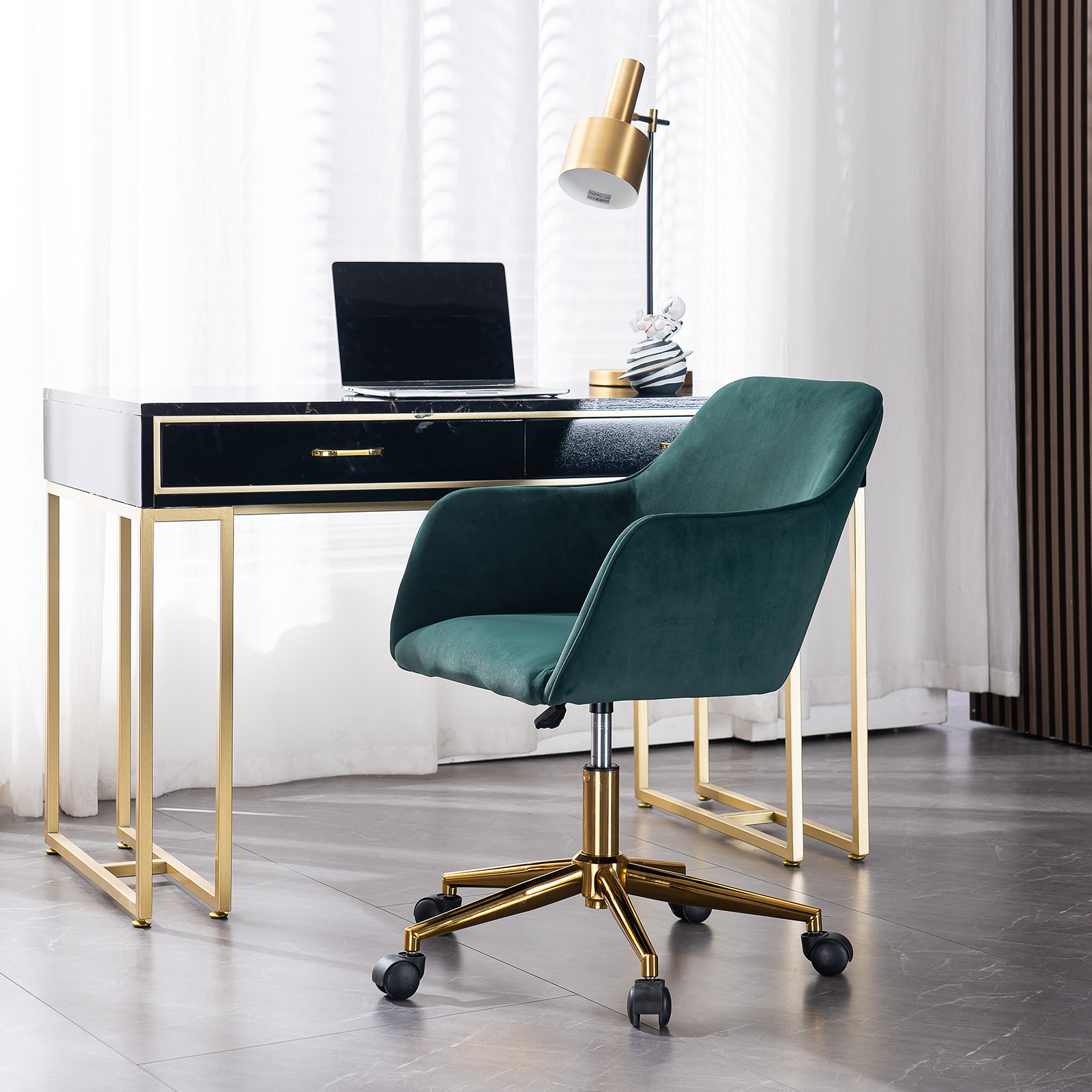 Modern Green Velvet Material Adjustable Height 360 Revolving Home Office Chair with Gold Metal Legs and Universal Wheel For Indoor-Boyel Living