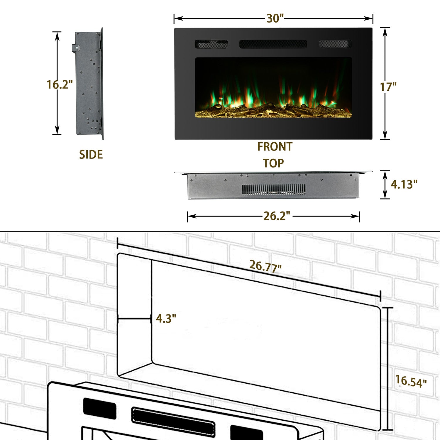Boyel Living Electric Wall Mounted Recessed Fireplace with Remote 1500/750 Watt in Black, 30/36/40/50/60 in.-Boyel Living