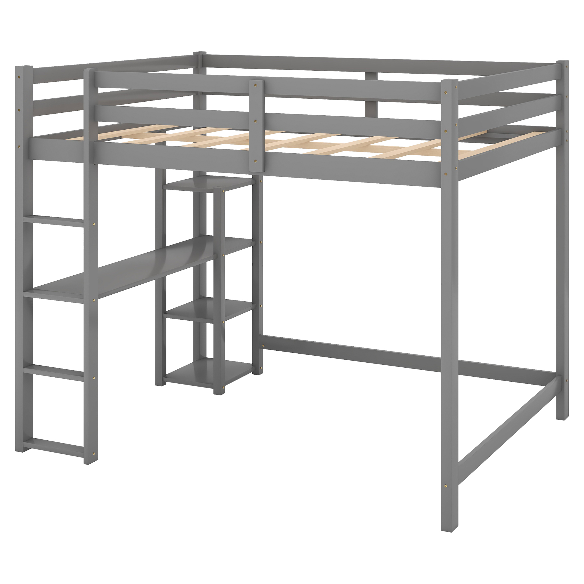 Full Size Loft Bed with Built-in Desk and Shelves,White/Gray