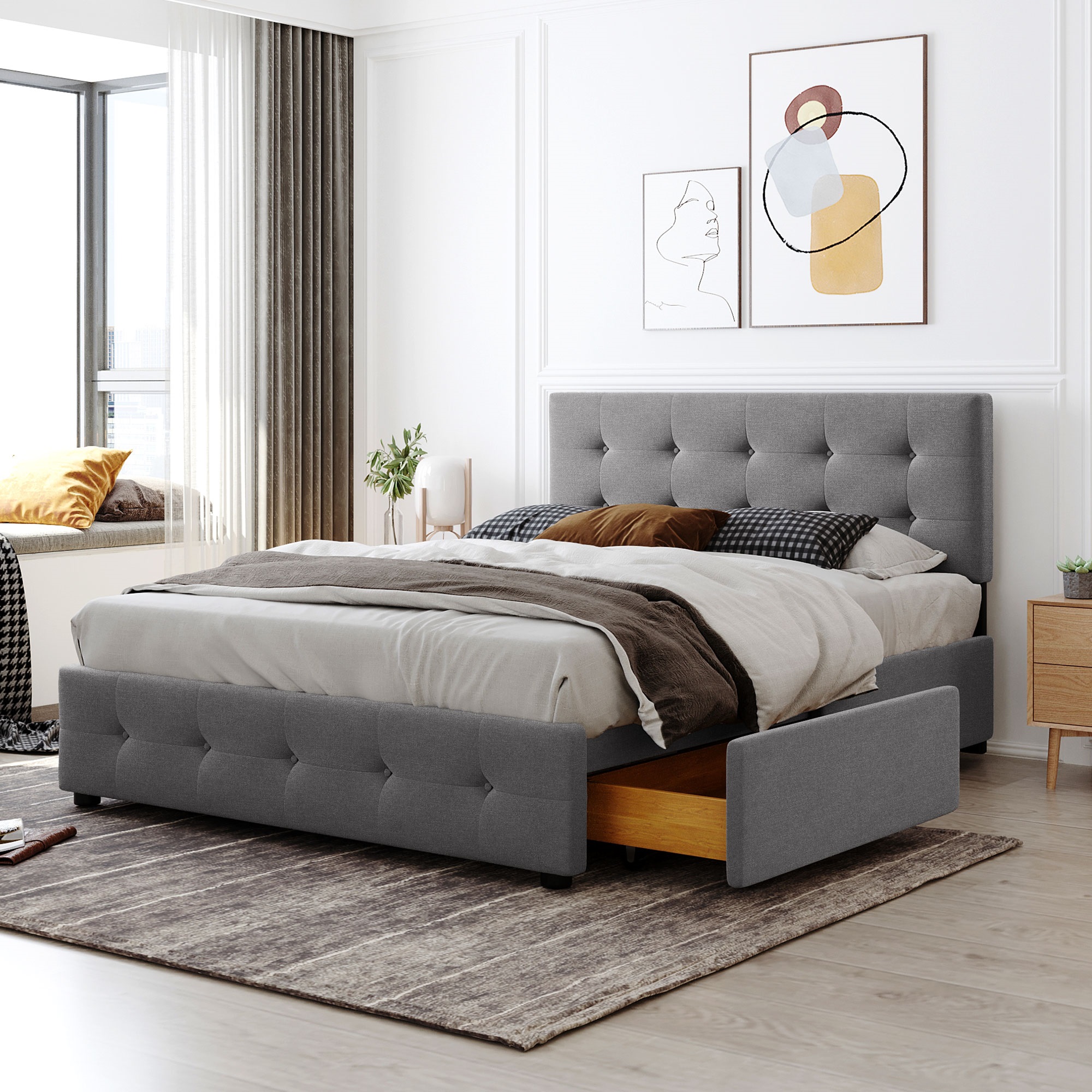 Upholstered Platform Bed with Classic Headboard and 4 Drawers, No Box Spring Needed, Linen Fabric, Queen Size-Boyel Living