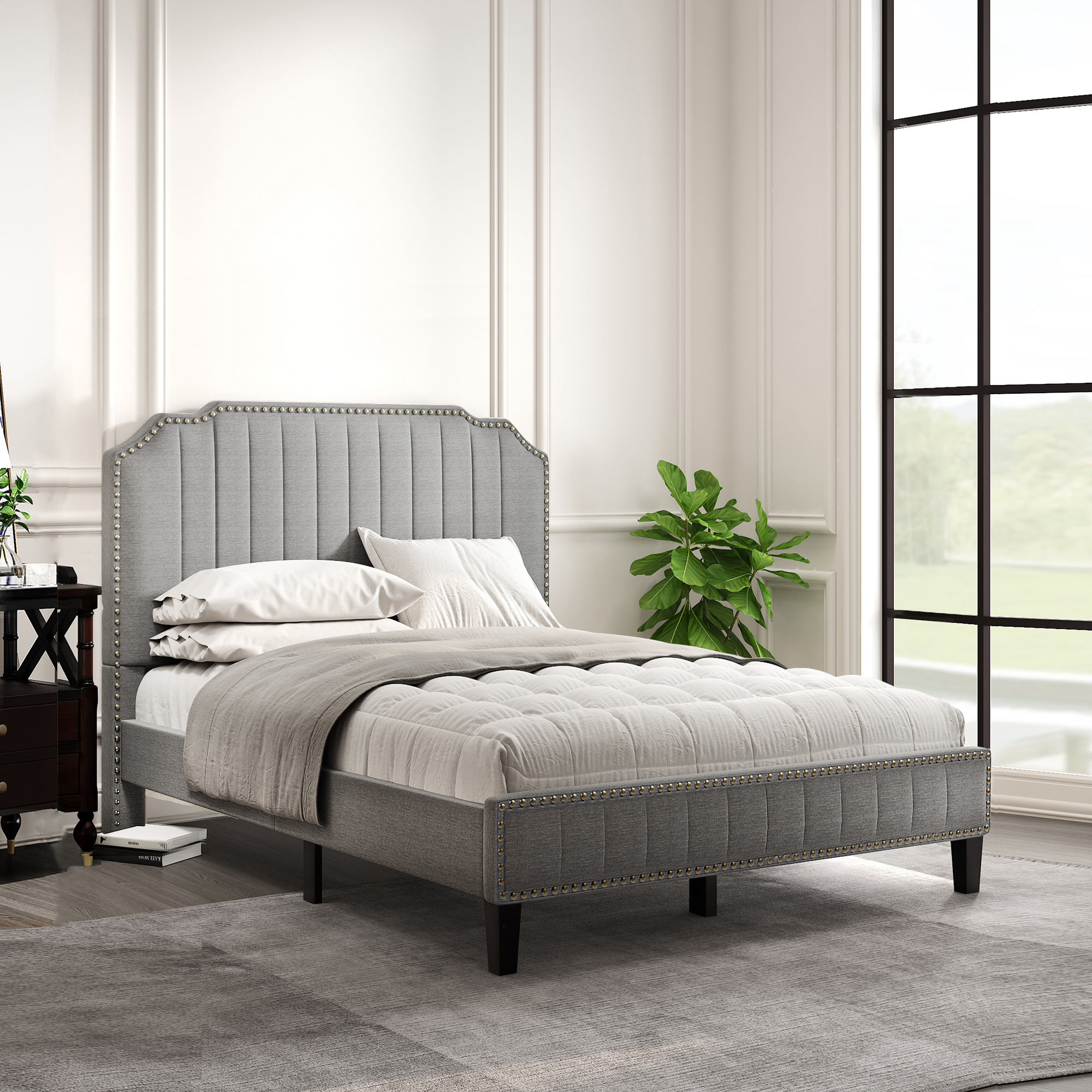 Modern Linen Curved Upholstered Platform Bed , Solid Wood Frame , Nailhead Trim (Full)-Boyel Living
