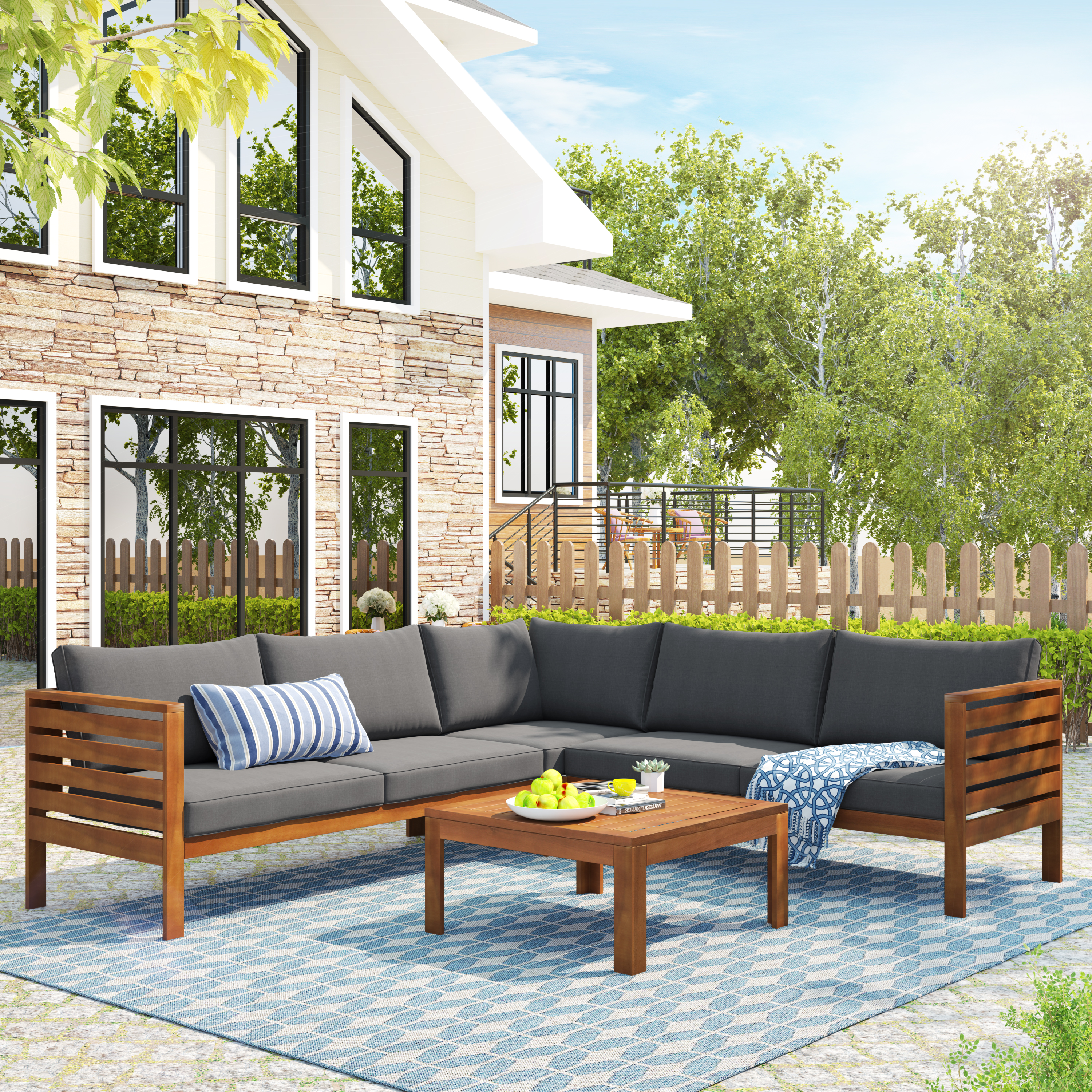 Wood Structure Outdoor Sofa Set with gray Cushions Exotic design Water-resistant and UV Protected texture Two-person Sofa One Corner Sofa plus One Coffee Table Strong Metal Accessories-Boyel Living