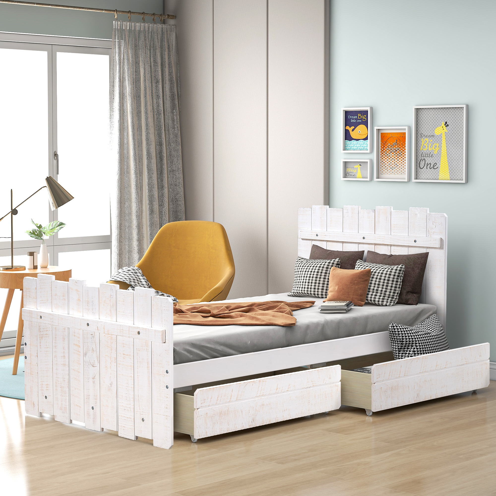 Twin Size Platform Bed with Drawers, Vintage Fence-shaped Headboard and Footboard, Rustic Style, White-Boyel Living