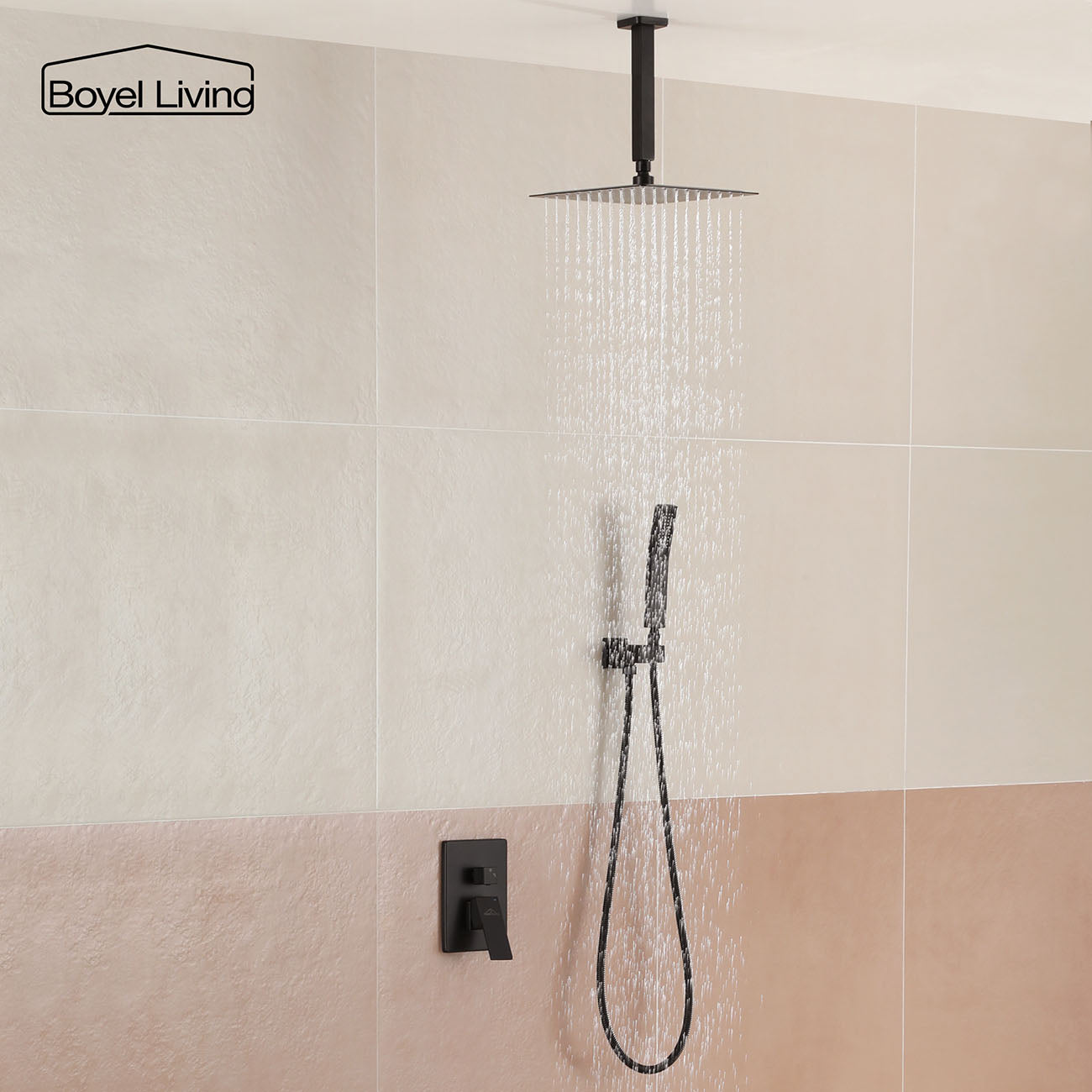 Boyel Living Ceiling Mount Dual Shower Heads, 2.5 GPM Shower System with Handheld Shower, 10 in./16 in. Brushed Nickel/Matte Black-Boyel Living