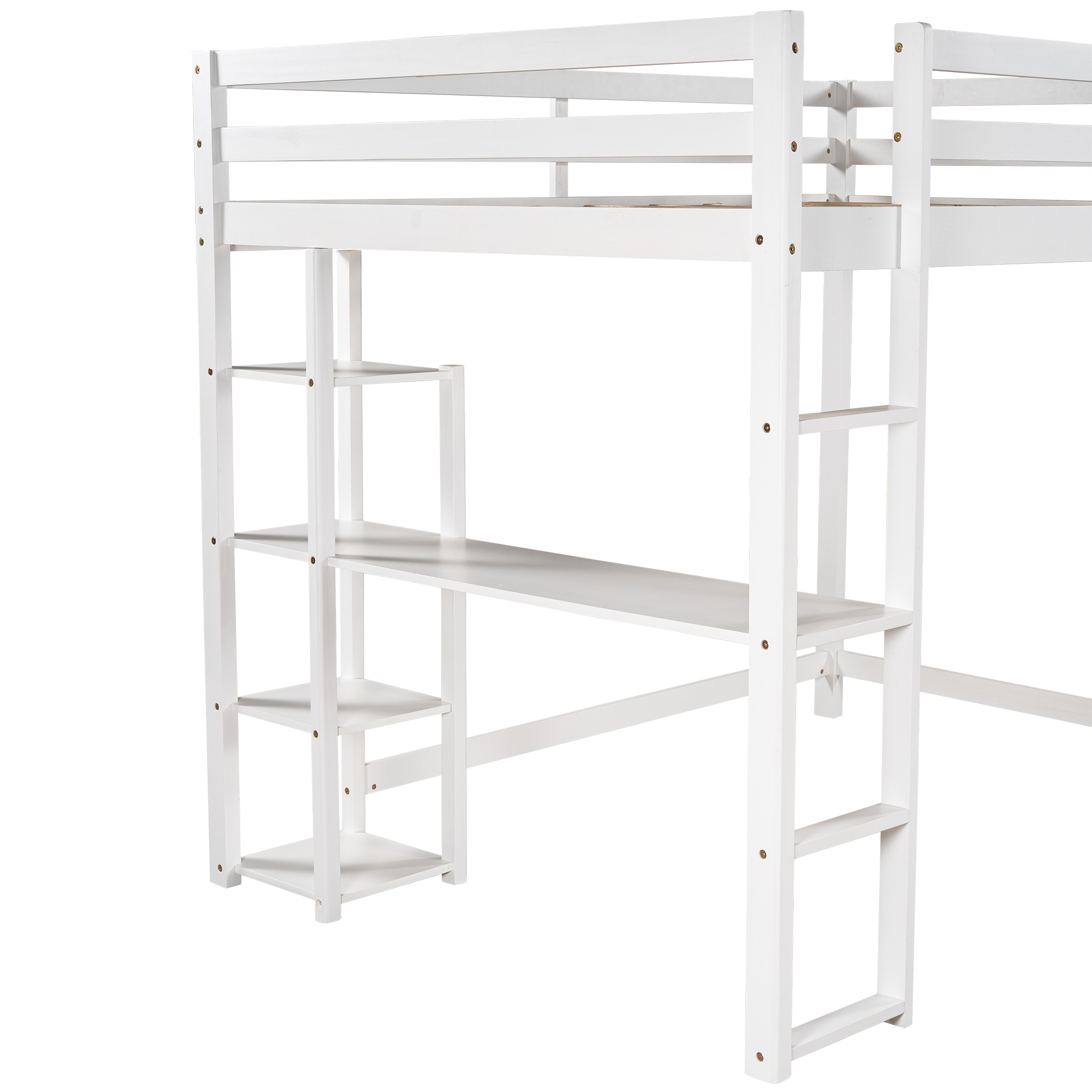 Full Size Loft Bed with Built-in Desk and Shelves,White/Gray