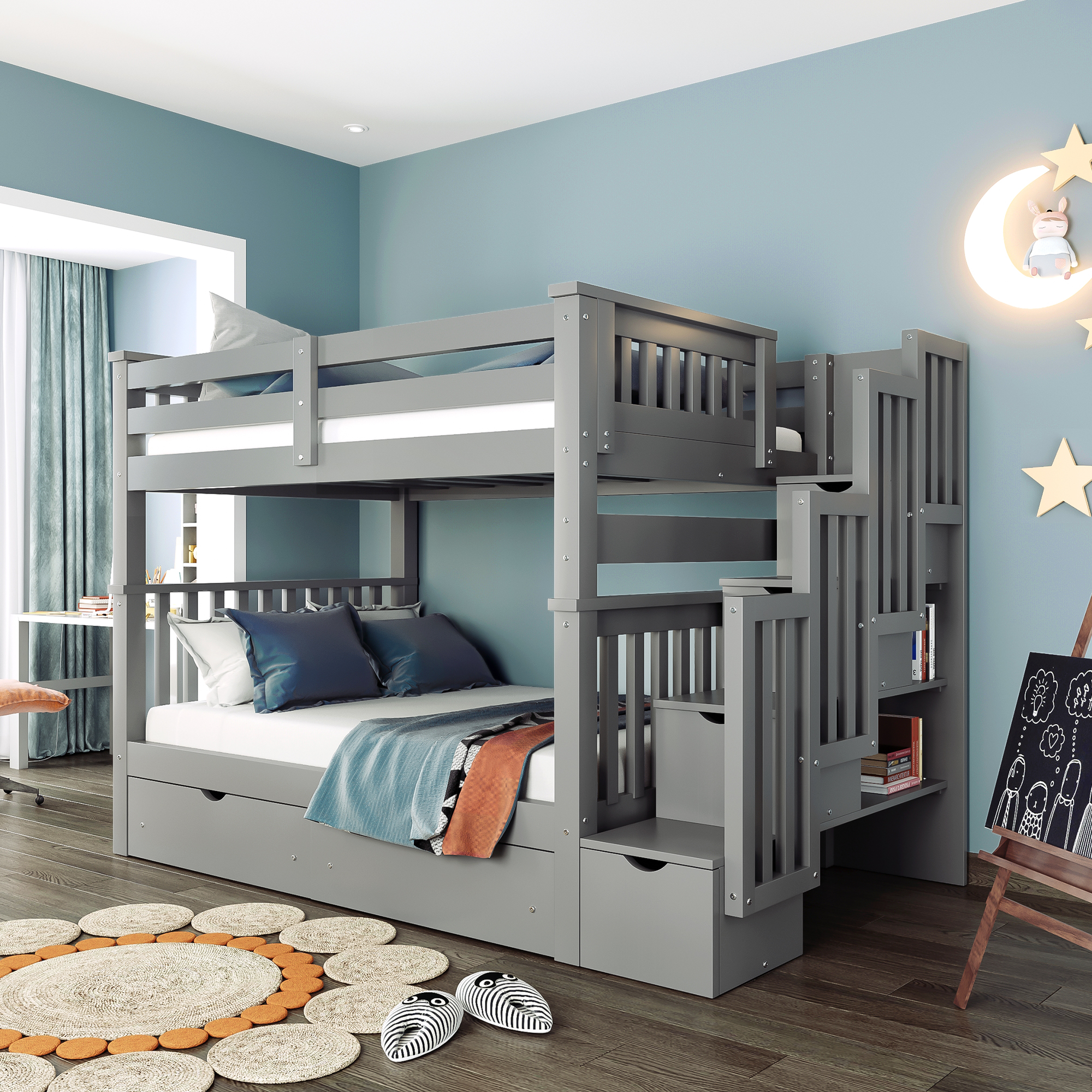 Full Over Full Bunk Bed with Shelves and 6 Storage Drawers, Gray-Boyel Living