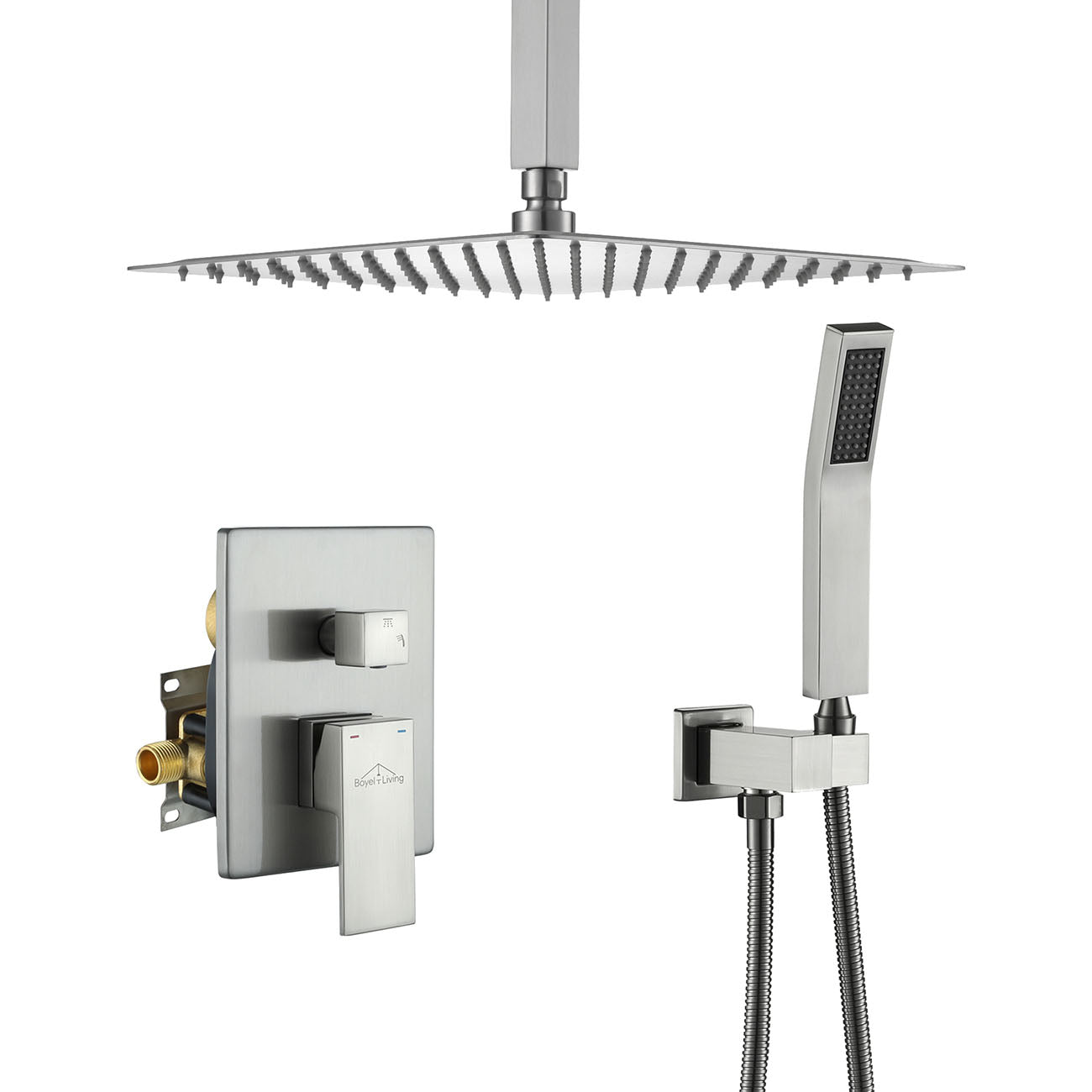  Shower System with 12 in. Ceiling Mounted Square Rainfall Shower head and Handheld Shower Head, Brushed Nickel-Boyel Living