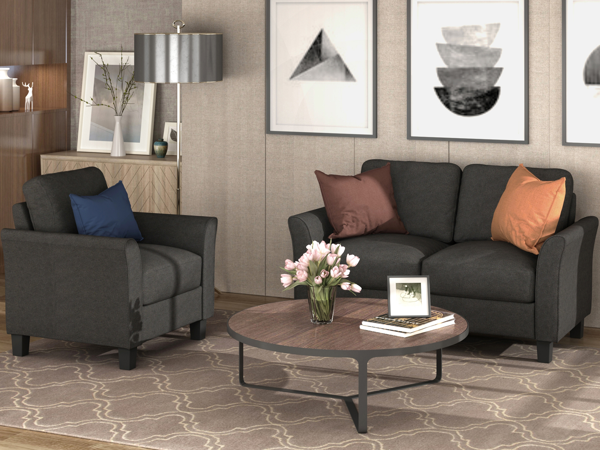 Living Room Furniture Armrest Single chair and Loveseat Sofa (Black)-Boyel Living