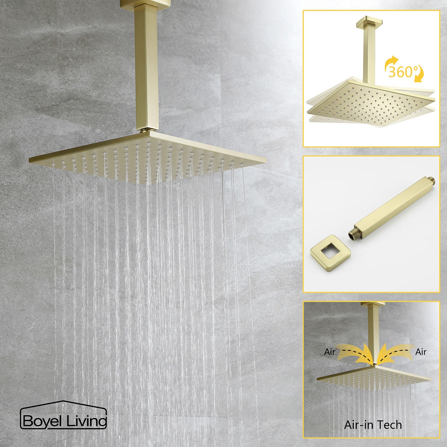 Boyel Living 10 in. Ceiling Mounted Dual Shower Heads with Rough-In Valve Body and Trim in Brushed Gold-Boyel Living