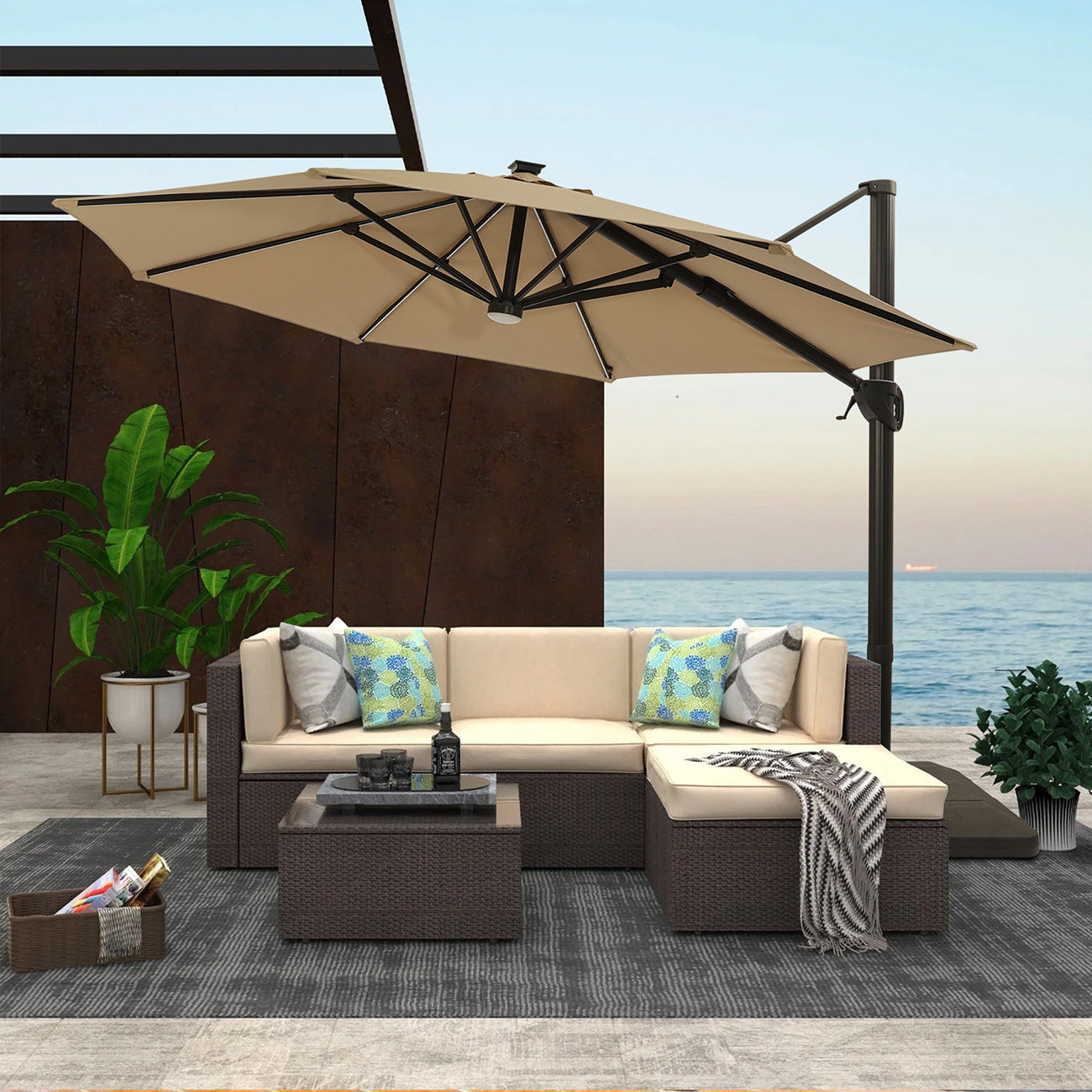 11Ft Solar Tube Light-Emitting Diode Patio Round Umbrella Outdoor Market Hanging Aluminum Umbrella with Crank and Base-Boyel Living