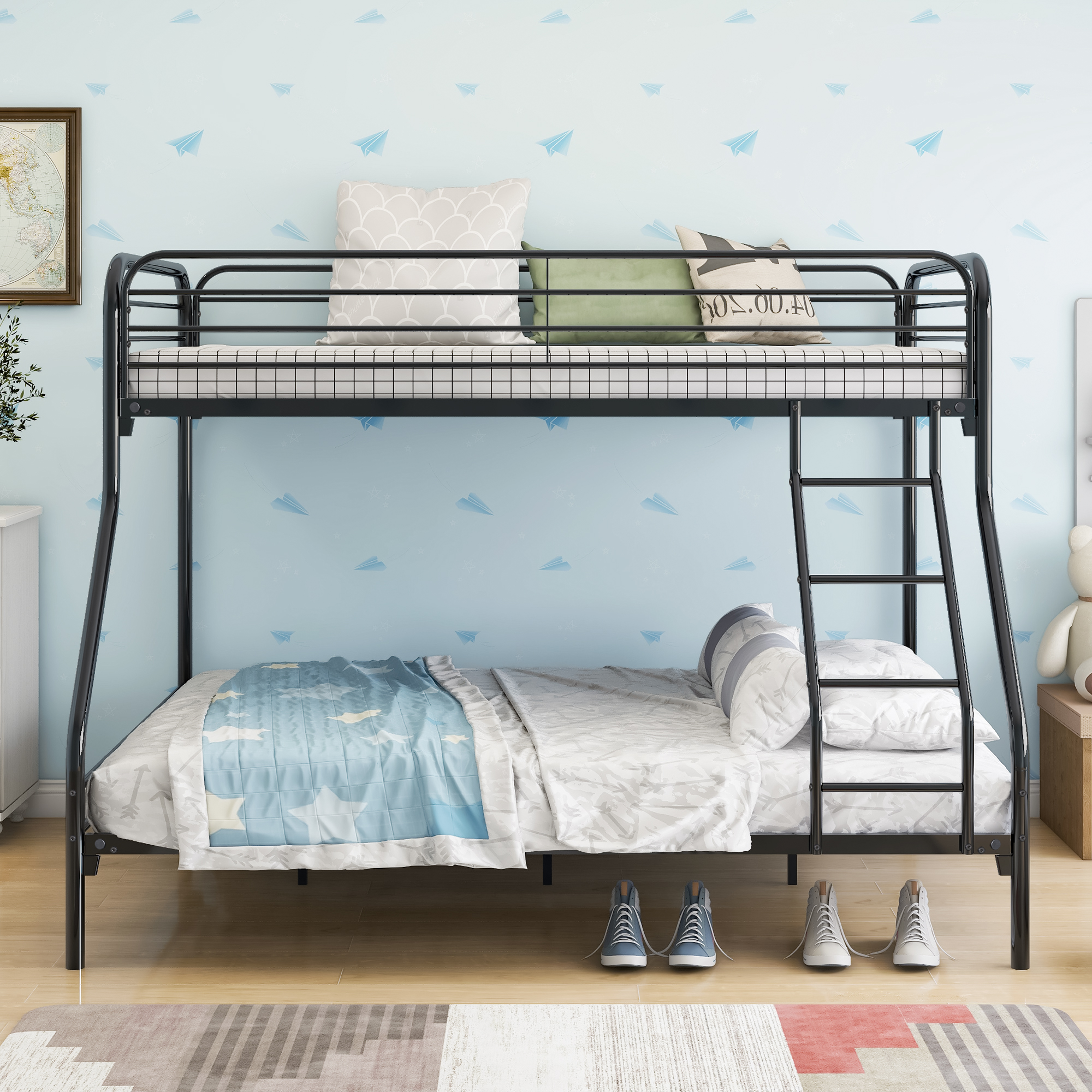 Heavy Duty Twin-Over-Full Metal Bunk Bed, Easy Assembly with Enhanced Upper-Level Guardrail, Black-Boyel Living