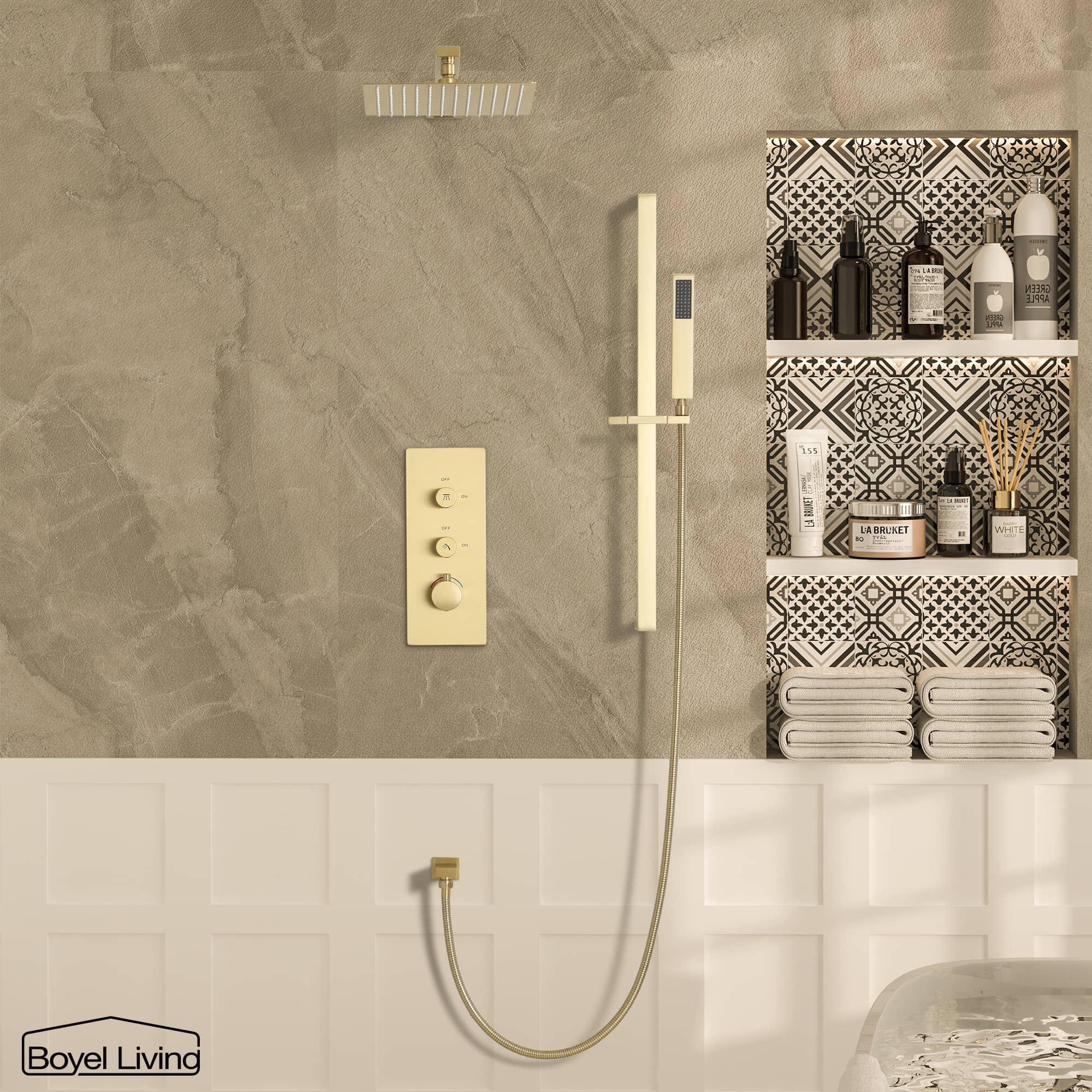 Boyel Living Wall-Mounted 2 GPM Bathroom Shower Faucets Set with Sliding Bar, 10-Inch Square Rainfall Shower Head and Handheld Shower in Brushed Gold-Boyel Living