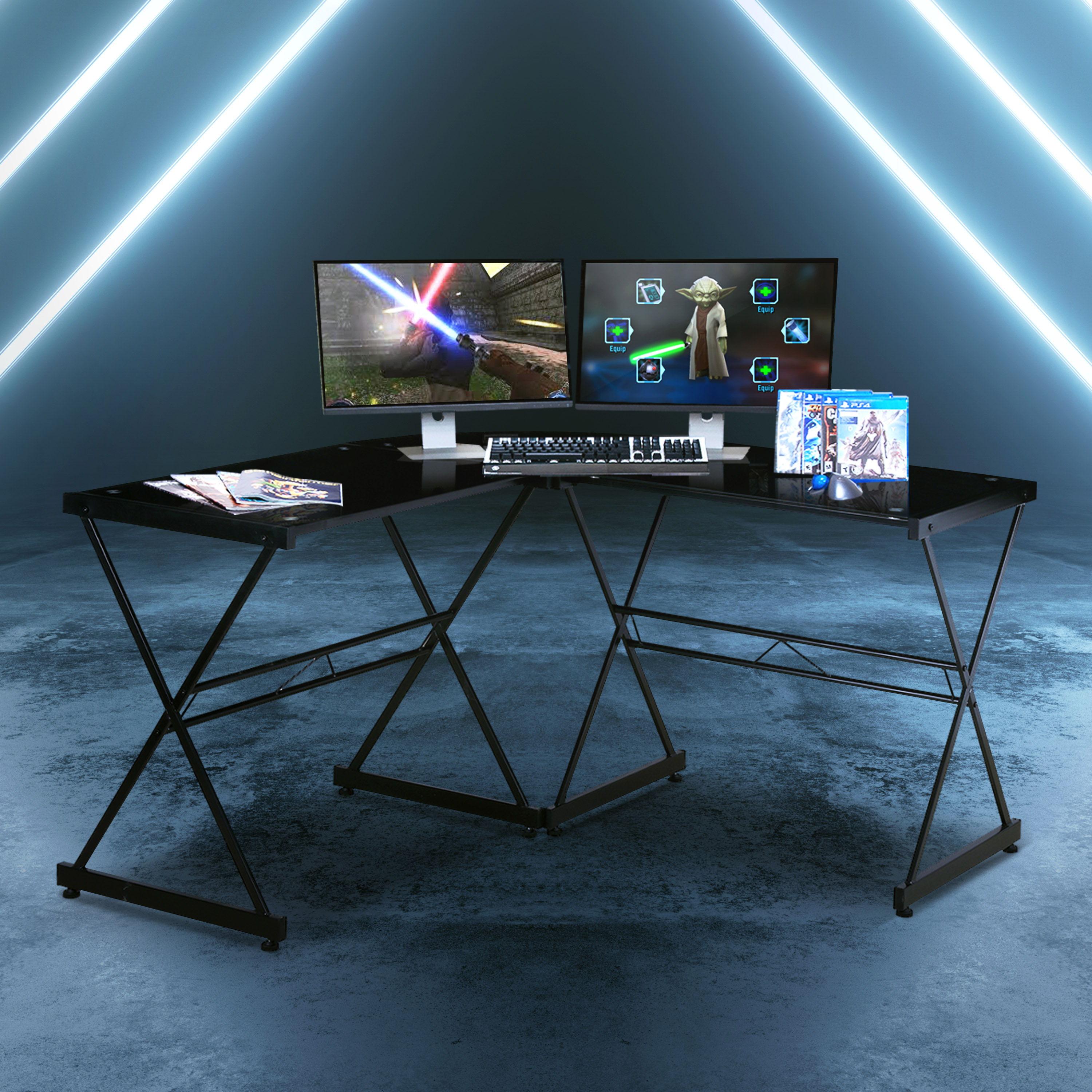 Techni Mobili L-Shaped Glass Computer Desk, Black-Boyel Living