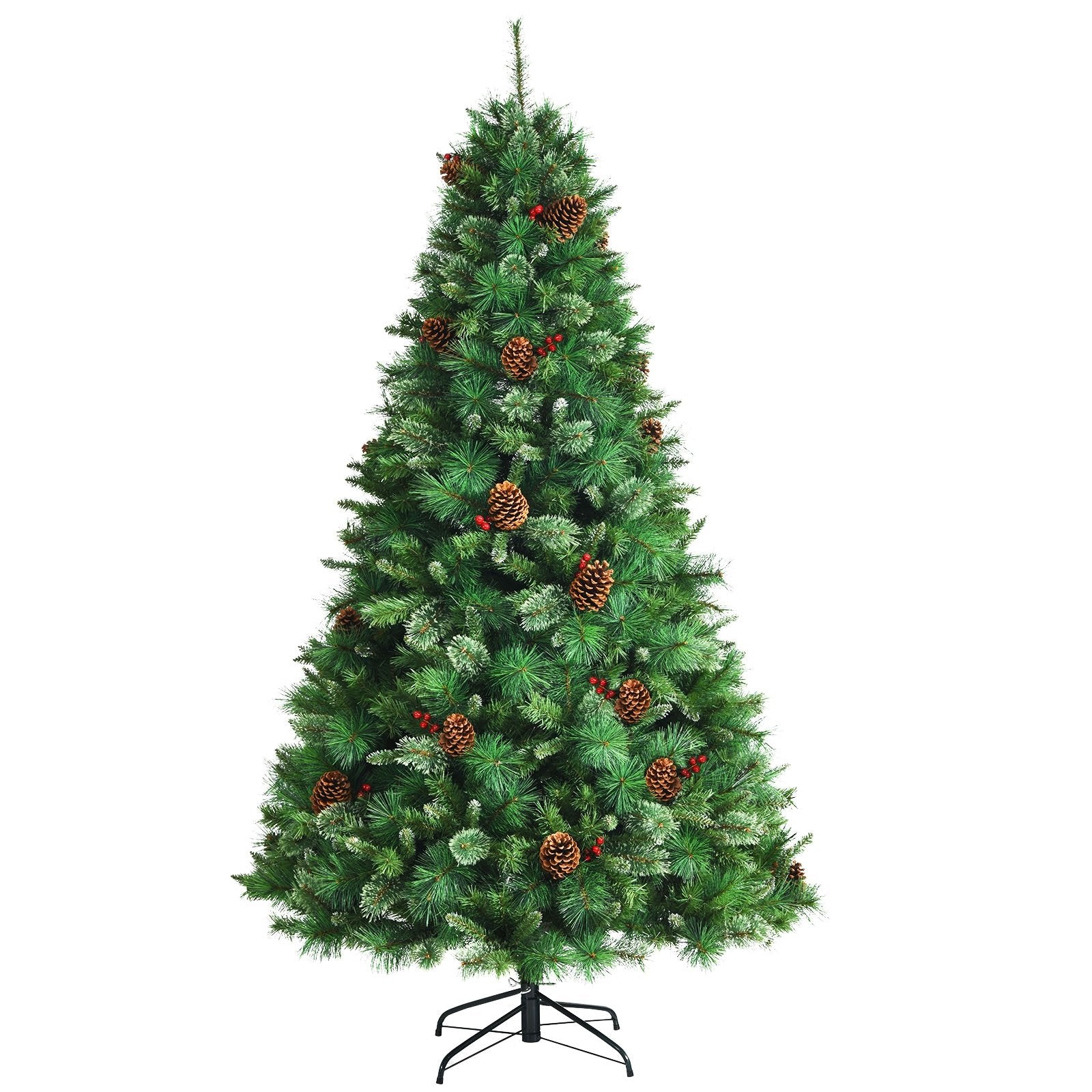 7 Feet Unlit Hinged PVC Artificial Christmas Pine Tree with Red Berries-Boyel Living