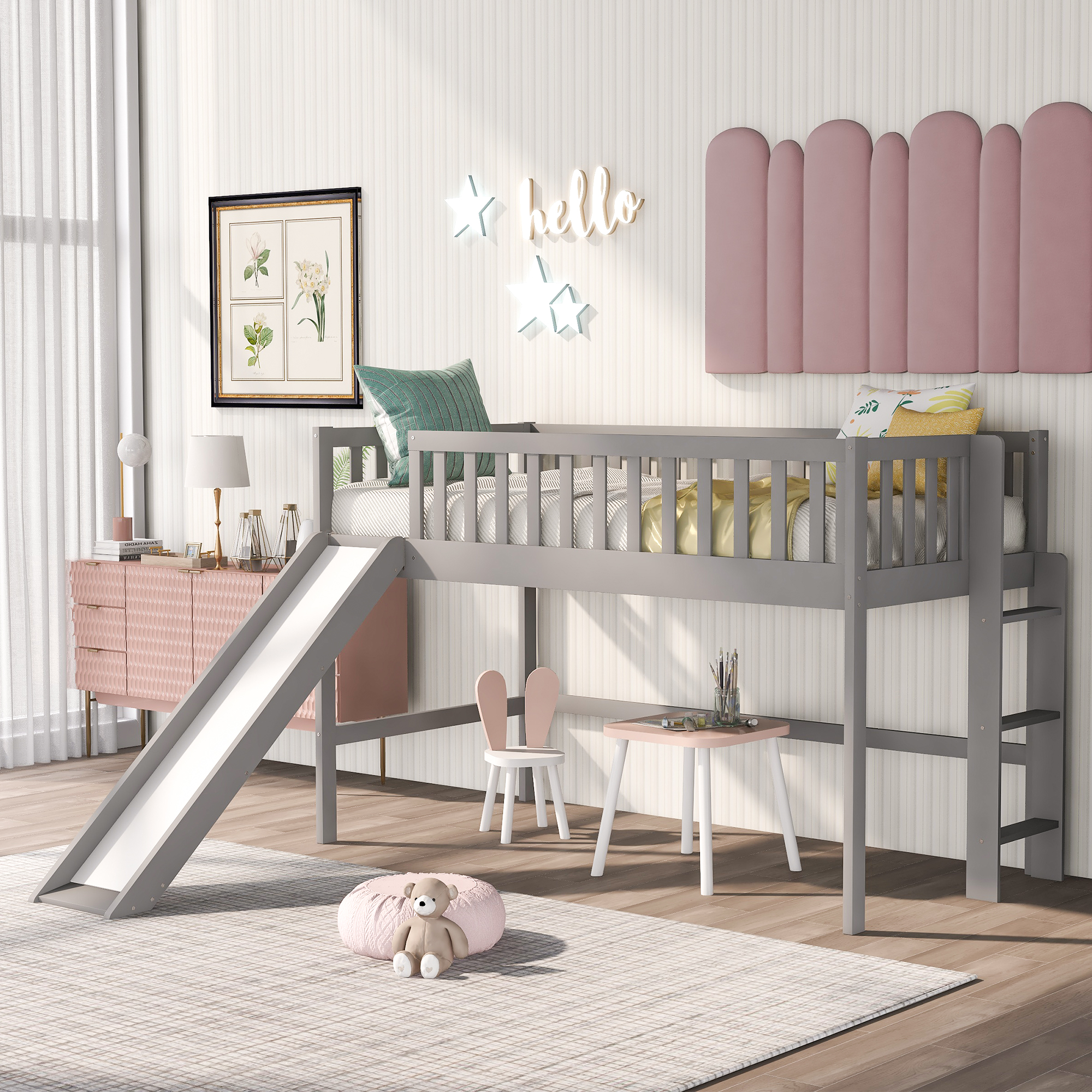 Twin Size Low Loft Bed with Ladder and Slide, Gray-Boyel Living