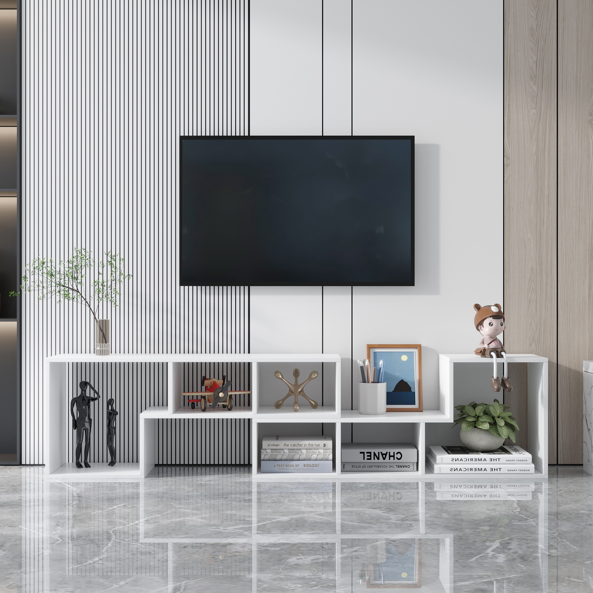 Double L-Shaped TV Stand，Display Shelf ，Bookcase for Home Furniture,White-Boyel Living
