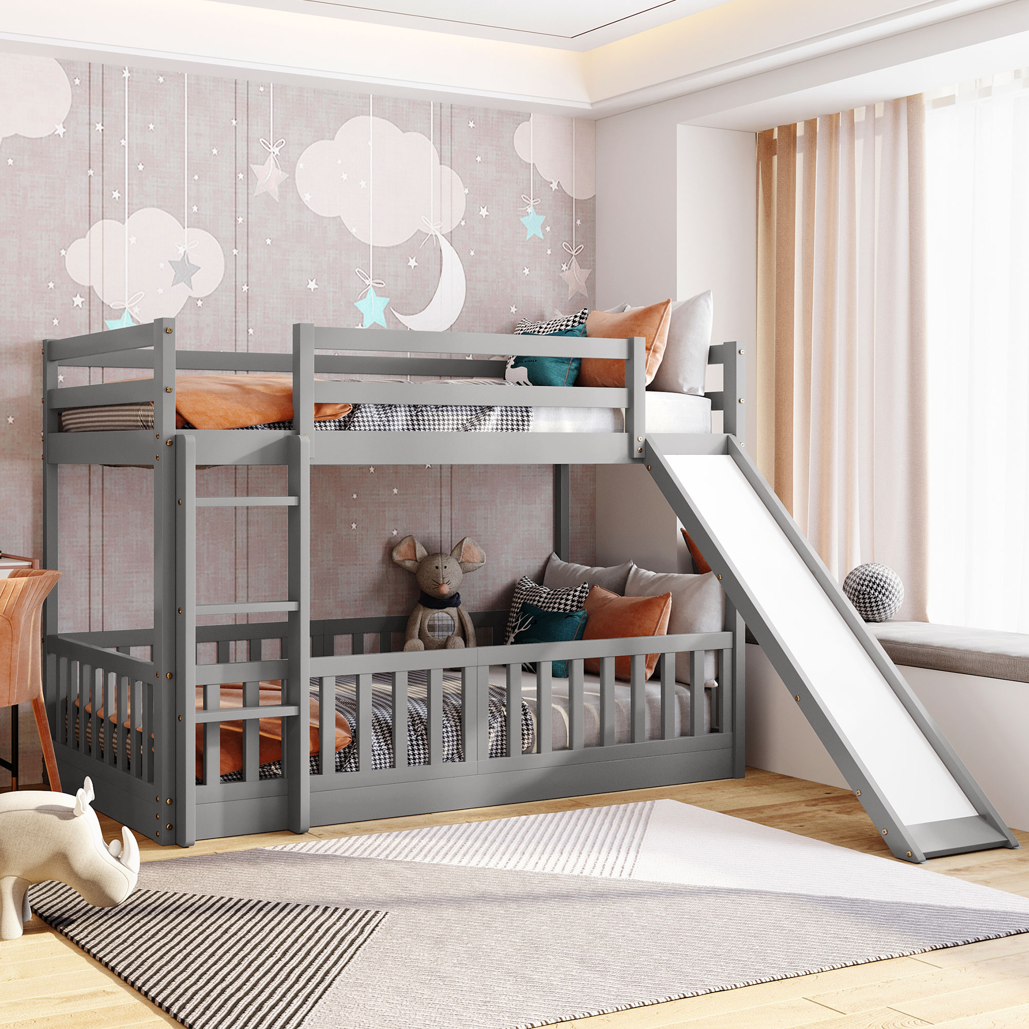 Twin Over Twin Bunk Bed with Slide and Ladder, Gray-Boyel Living