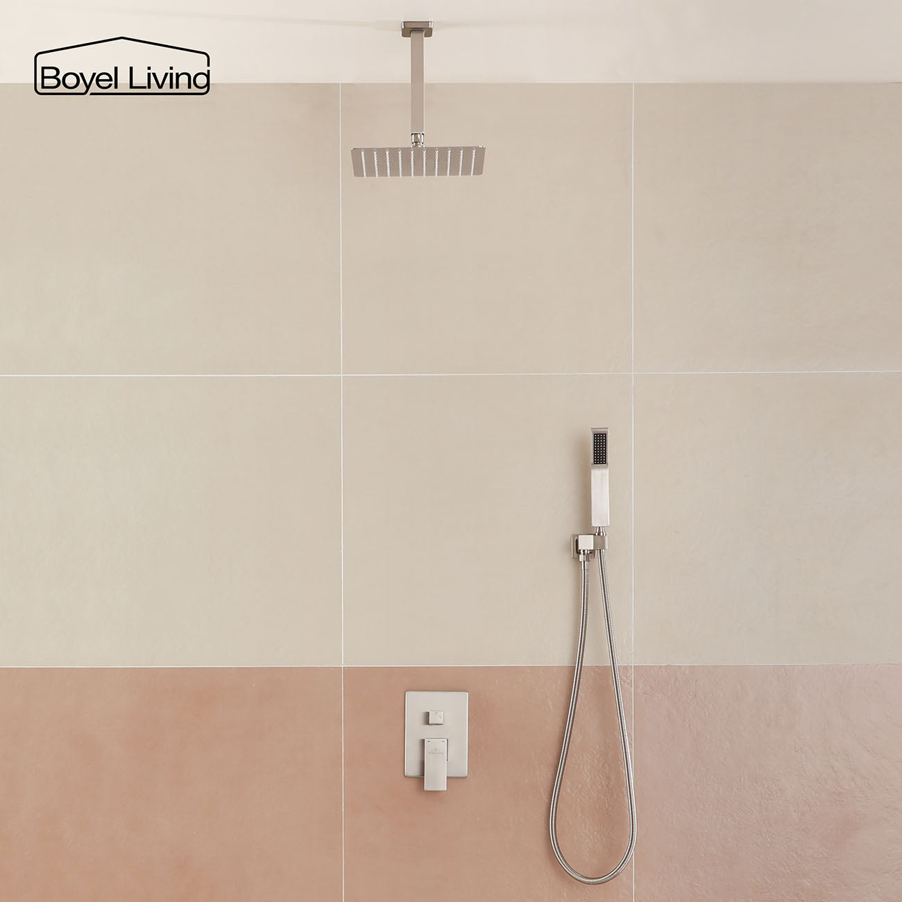 Boyel Living Ceiling Mount Dual Shower Heads, 2.5 GPM Shower System with Handheld Shower, 10 in./16 in. Brushed Nickel/Matte Black-Boyel Living