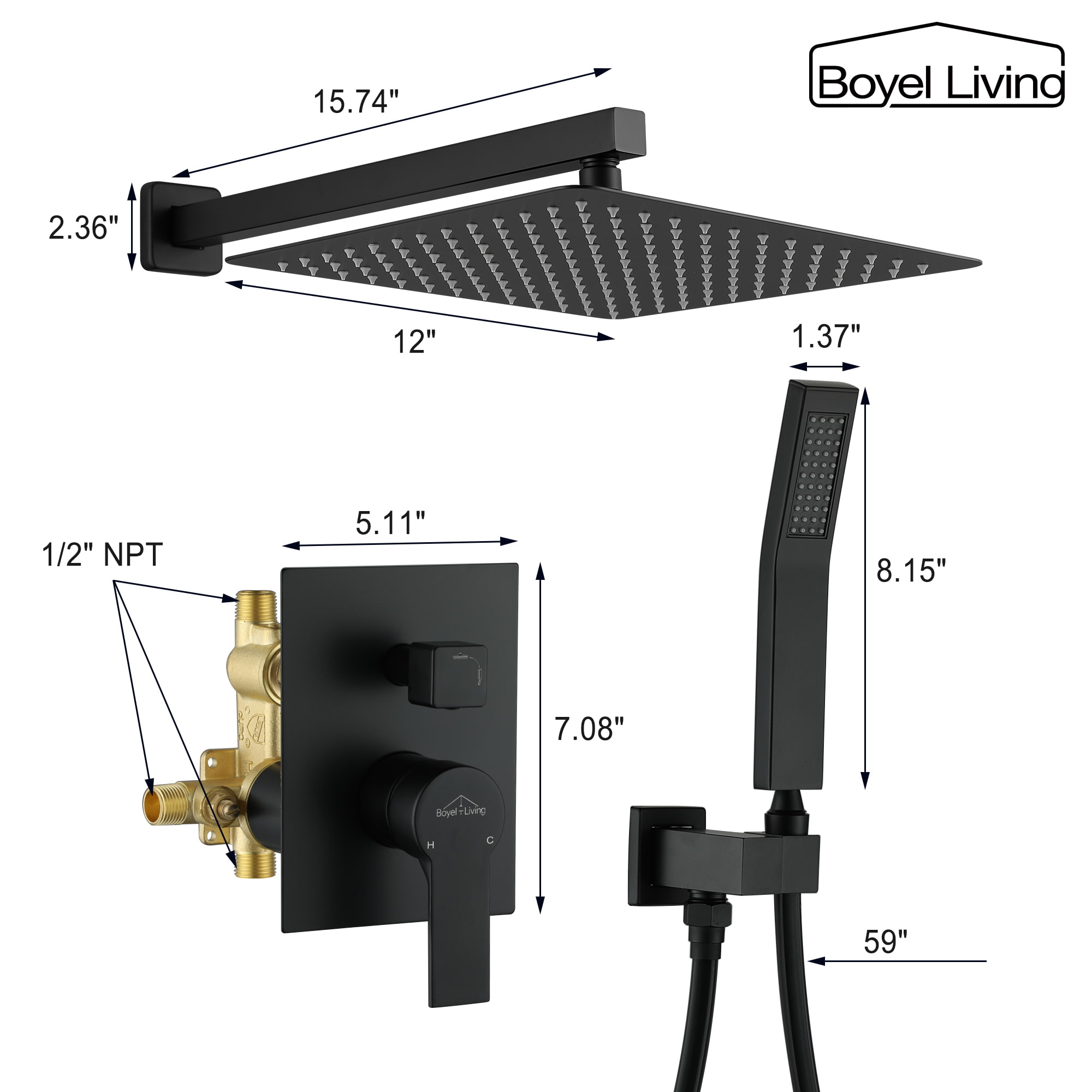 Size Details of 12 Inches Wall Mount Dual Shower Head System Combo Set-Boyel Living