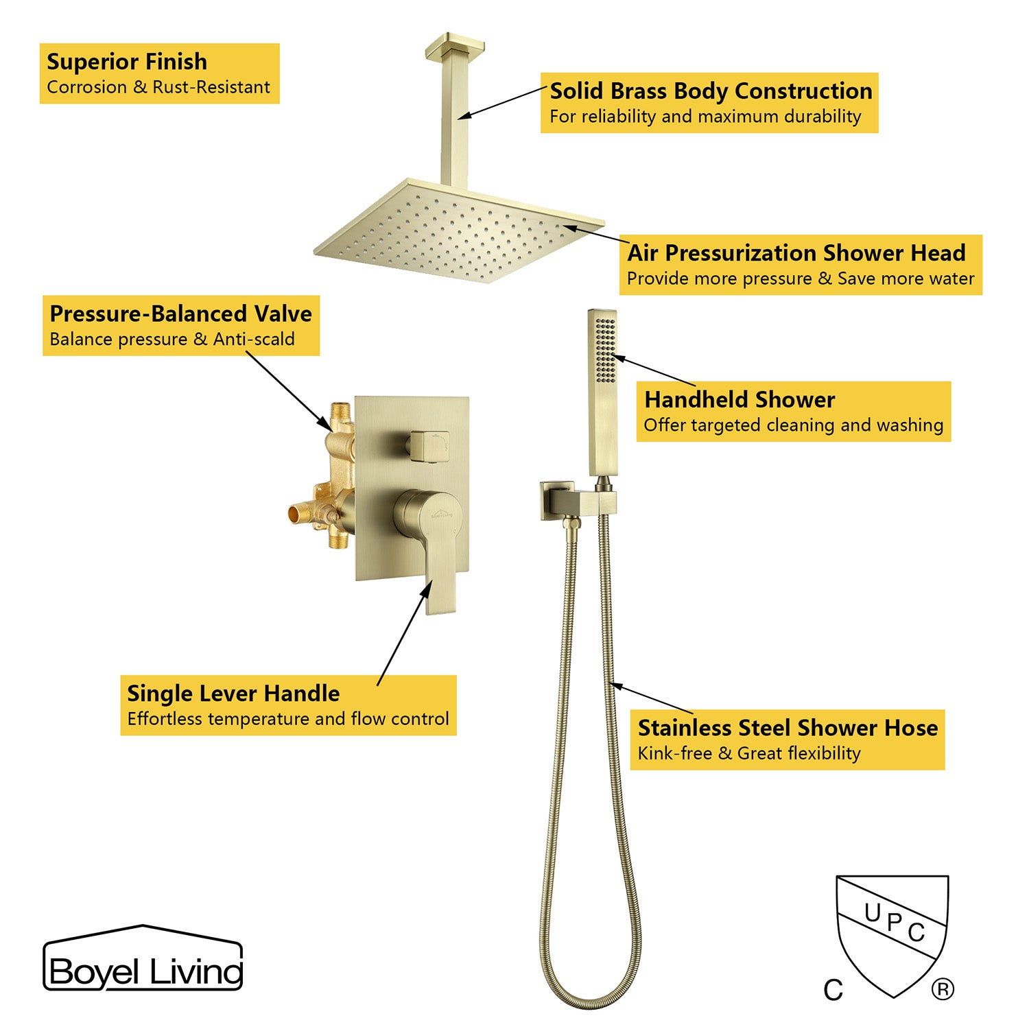 Boyel Living 10 in. Ceiling Mounted Dual Shower Heads with Rough-In Valve Body and Trim in Brushed Gold-Boyel Living