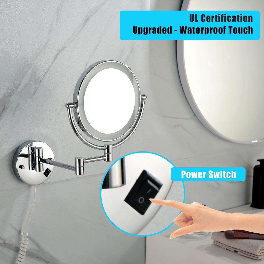  8 Inch Led Wall Mount Two-Sided Magnifying Makeup Vanity Mirror 12 Inch Extension Matte Black 1X/3X Magnification Plug 360 Degree Rotation Waterproof Button Shaving Mirror