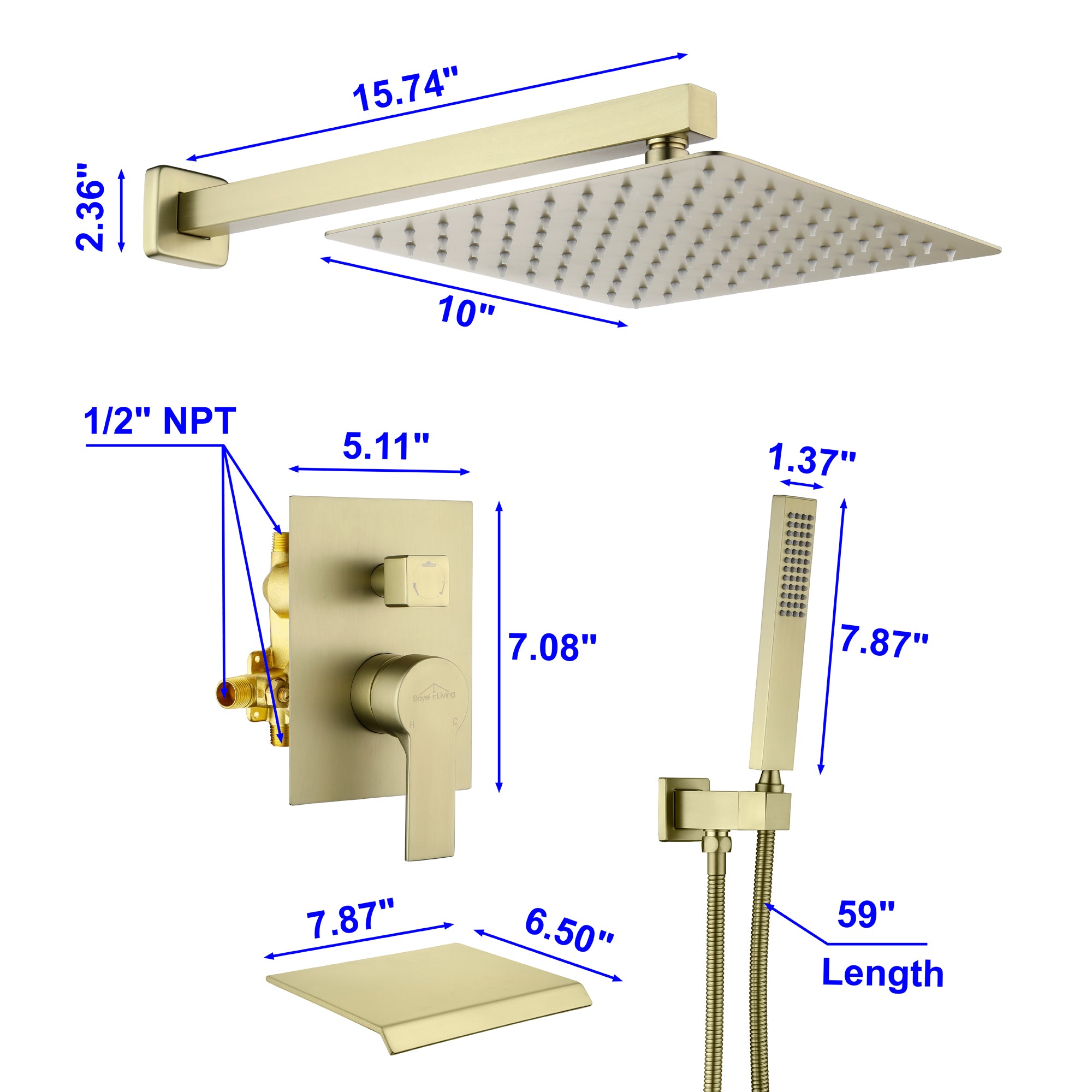 Boyel Living 10 in. Wall Mounted Single-Handle Shower Faucet Set with Tub Spout & Hand Shower-Boyel Living