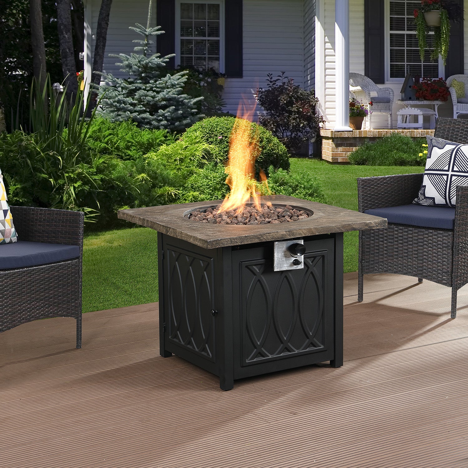 Brown Fire Pit Table, 32-inch Square 50,000 BTU Auto-Ignition Propane Gas Firepit with Waterproof Cover-Boyel Living