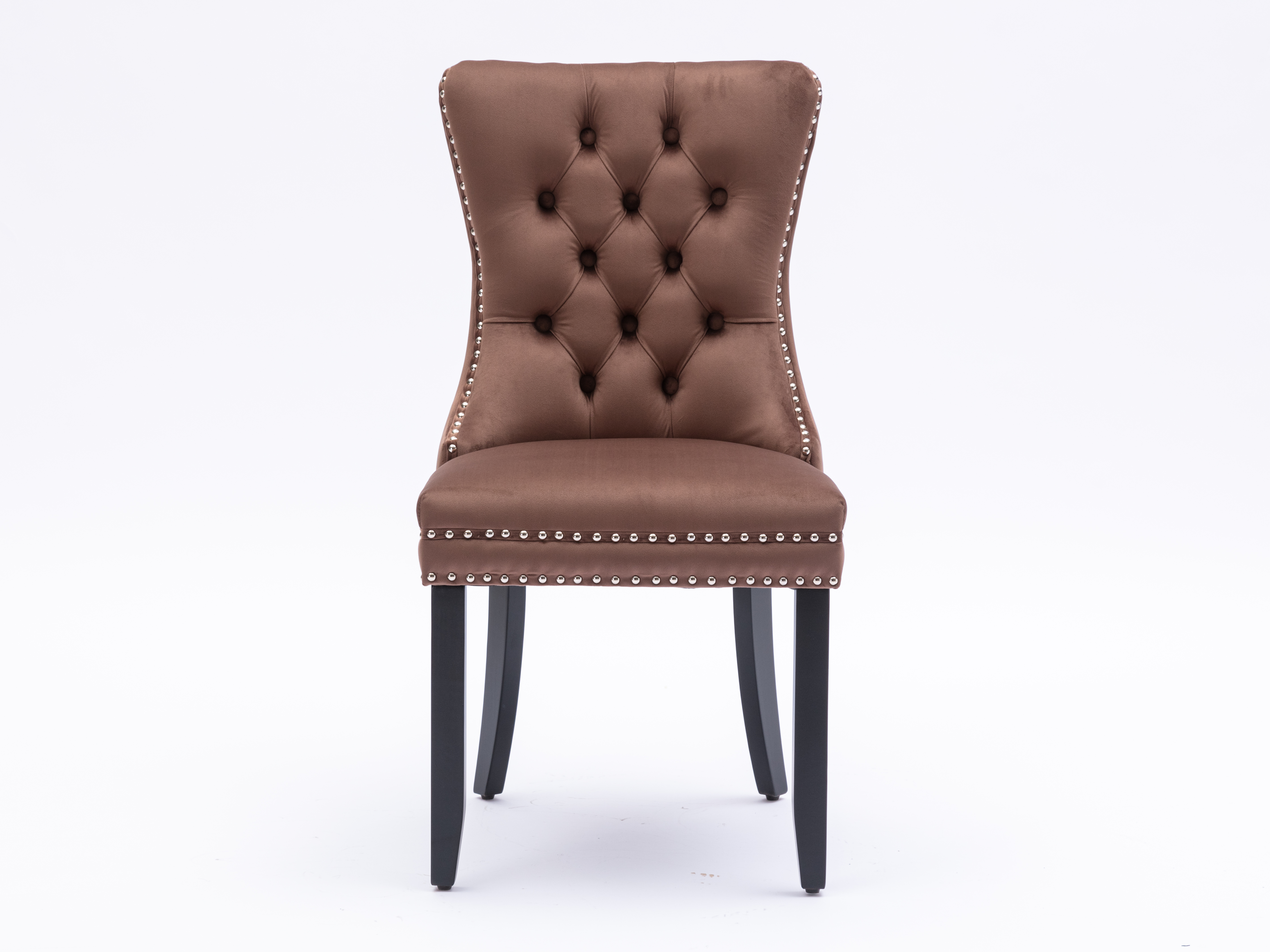 Upholstered Button Tufted Back Brown Velvet Dining Chair with Nailhead Trim and Solid Wood Legs 2 Sets-Boyel Living