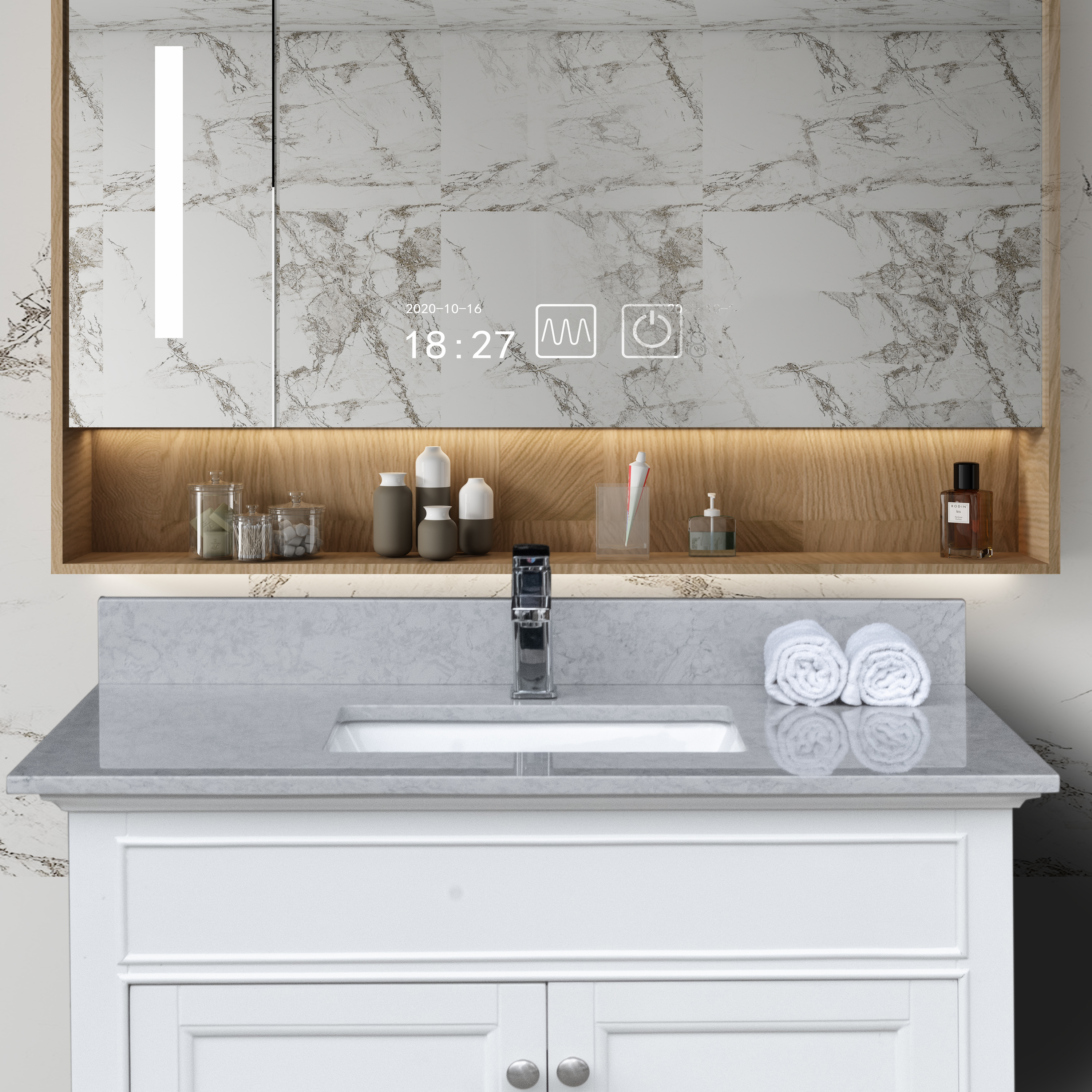 Montary 37 inches bathroom stone vanity top calacatta gray engineered marble color with undermount ceramic sink and single faucet hole with backsplash-Boyel Living