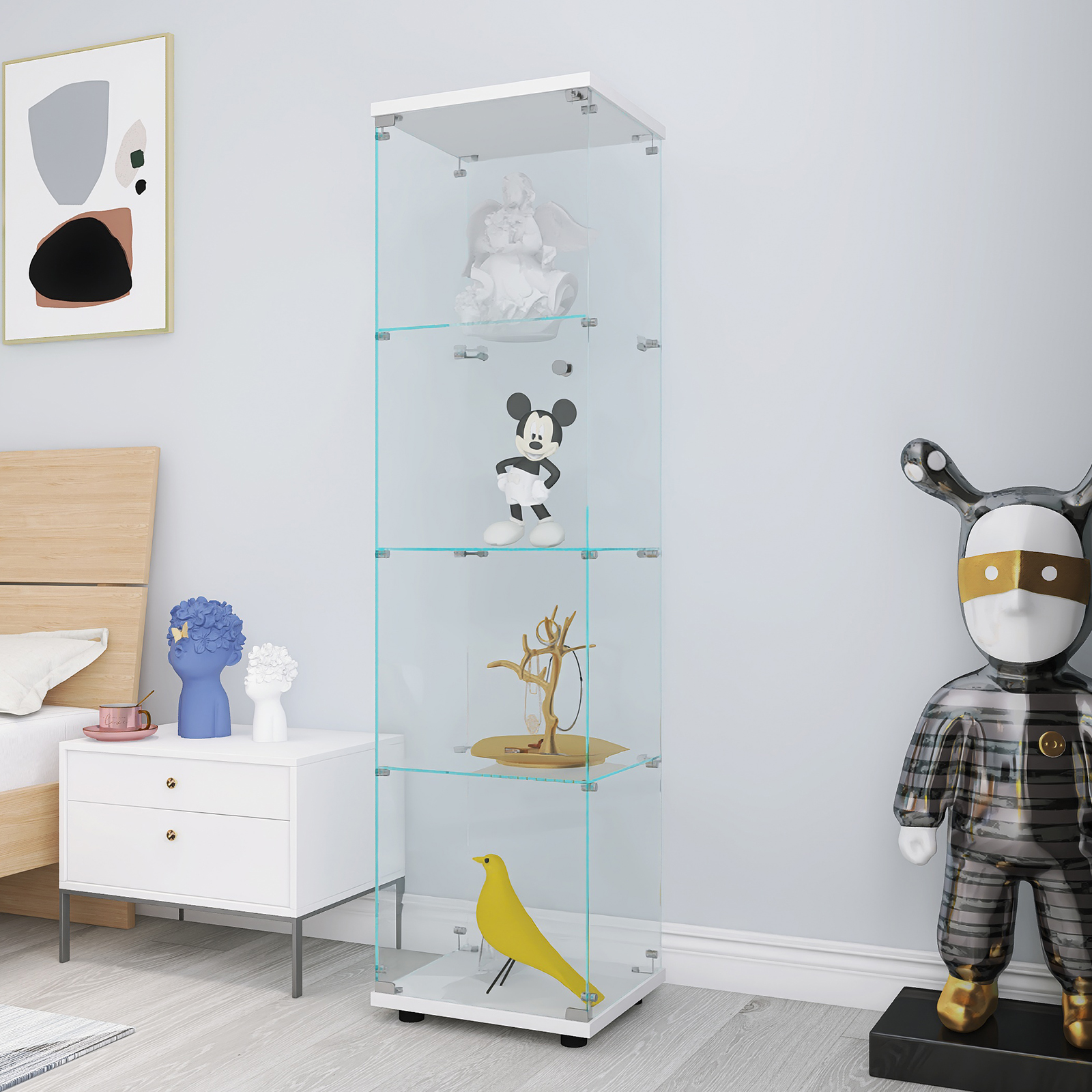 Glass Display Cabinet 4 Shelves with Door, Floor Standing Curio Bookshelf for Living Room Bedroom Office, 64.56&rdquo; x 16.73&rdquo;x 14.37&rdquo;, White-Boyel Living