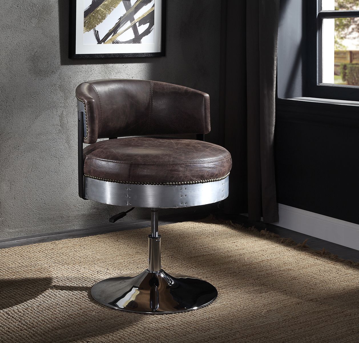 ACME Brancaster Adjustable Chair w/Swivel, Distress Chocolate Top Grain Leather & Chrome-Boyel Living