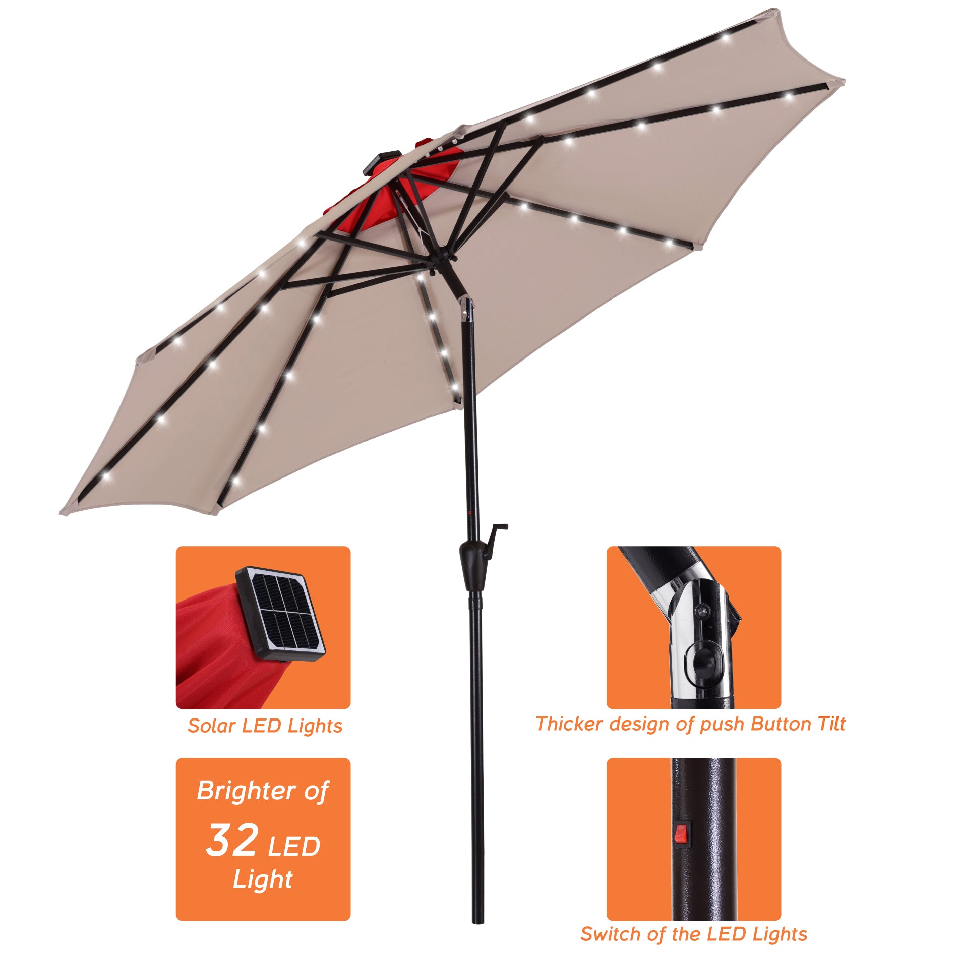 9Ft Patio Cast Aluminum Umbrella with 32 LED Solar Lights-Boyel Living