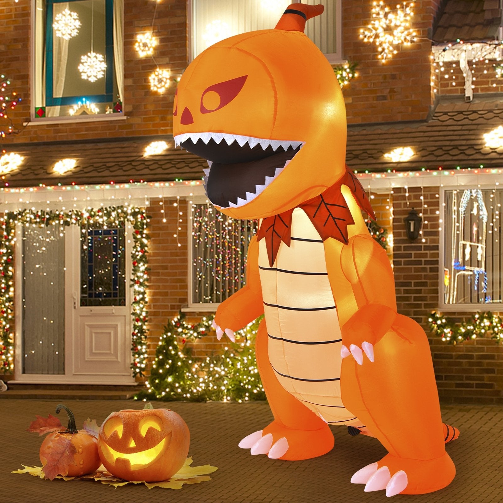 8 Feet Halloween Inflatables Pumpkin Head Dinosaur with LED Lights and 4 Stakes-Boyel Living