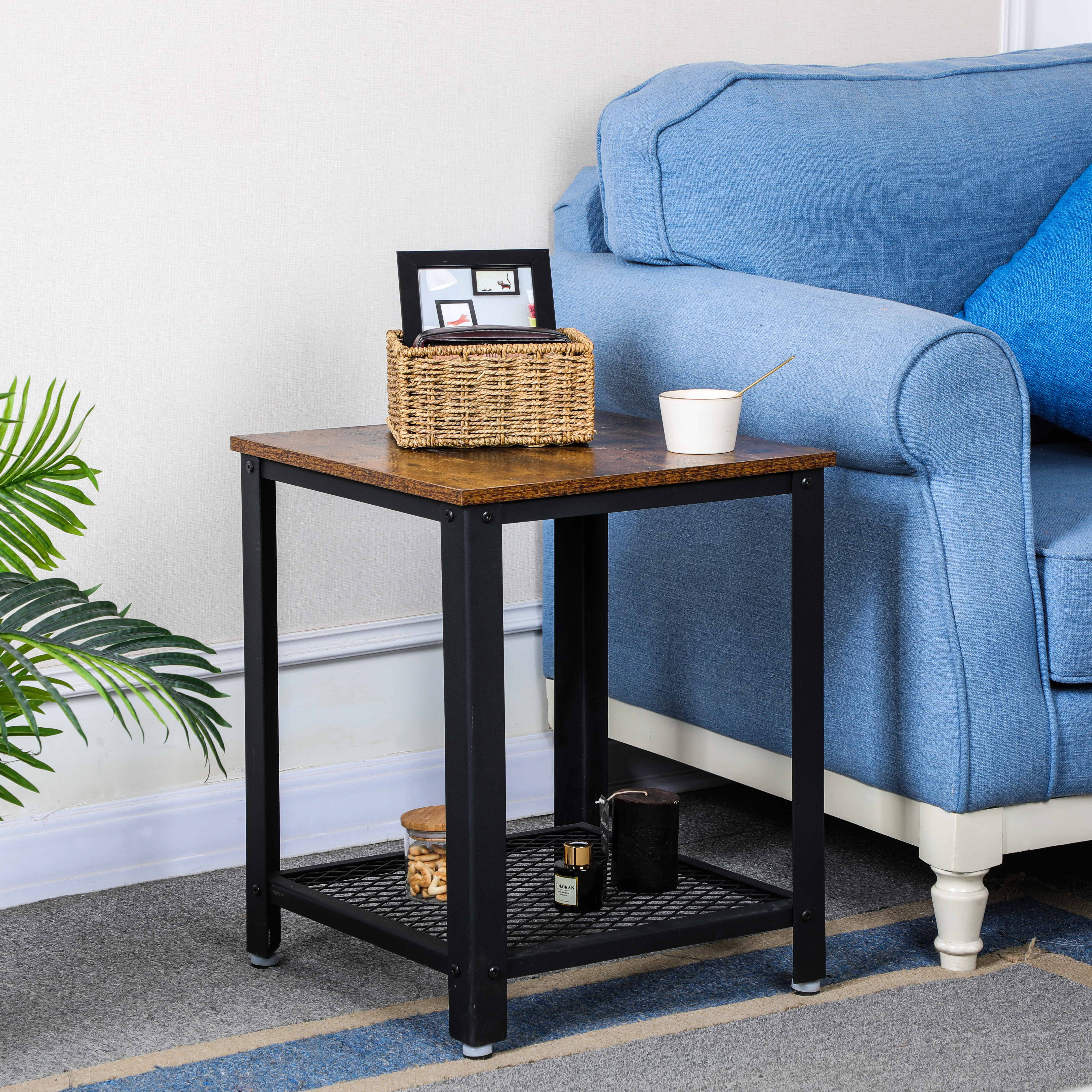 Industrial End Table, 2-Tier Side Table with Storage Shelf, Sturdy, Easy Assembly, Wood Look Accent Furniture, with Metal Frame, Rustic Brown-Boyel Living