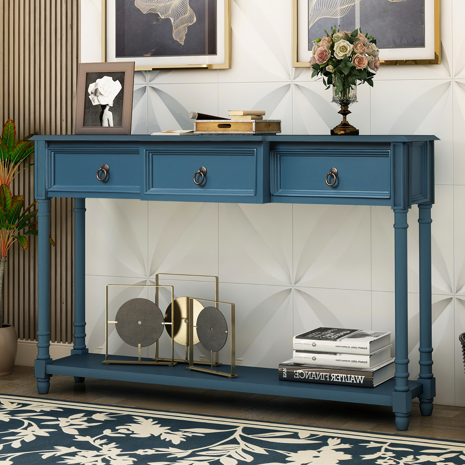 Console Table Sofa Table with Drawers for Entryway with Projecting Drawers and Long Shelf (Antique Navy)-Boyel Living