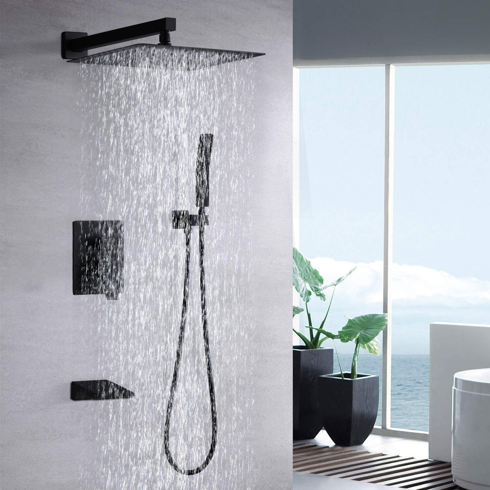 Rainfall Shower Head System with Hand Shower and Bathtub Faucet