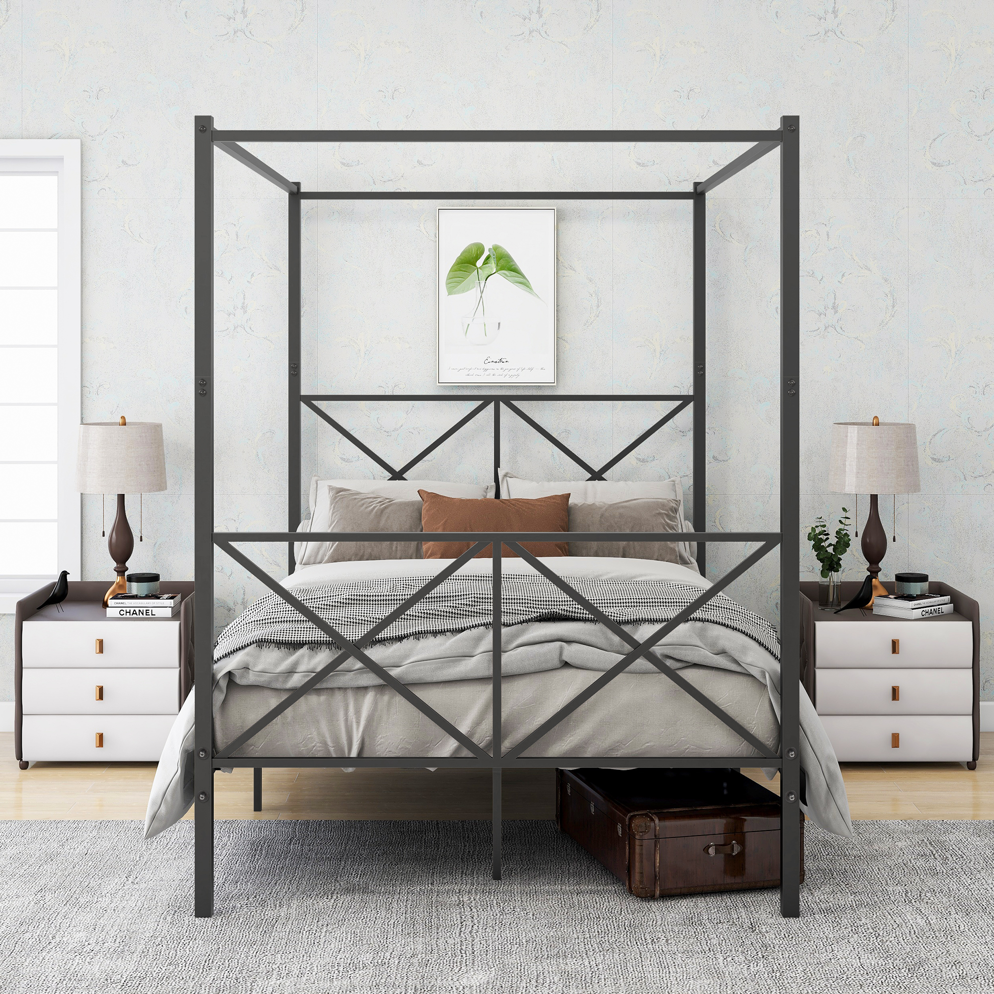 Metal Canopy Bed Frame, Platform Bed Frame  with X Shaped Frame Full Black-Boyel Living