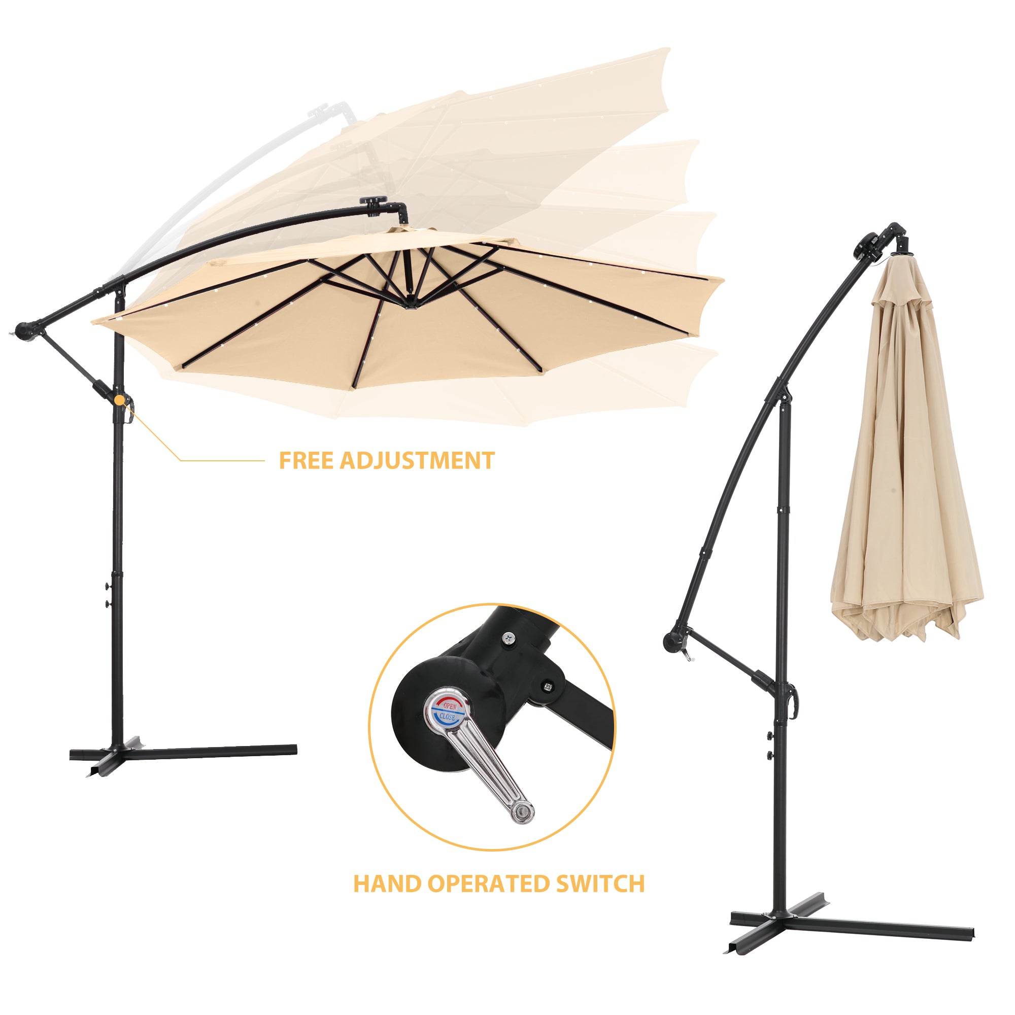 10 FT Solar LED Patio Outdoor Umbrella Hanging Cantilever Umbrella Offset Umbrella Easy Open Adustment with 24 LED Lights - tan-Boyel Living