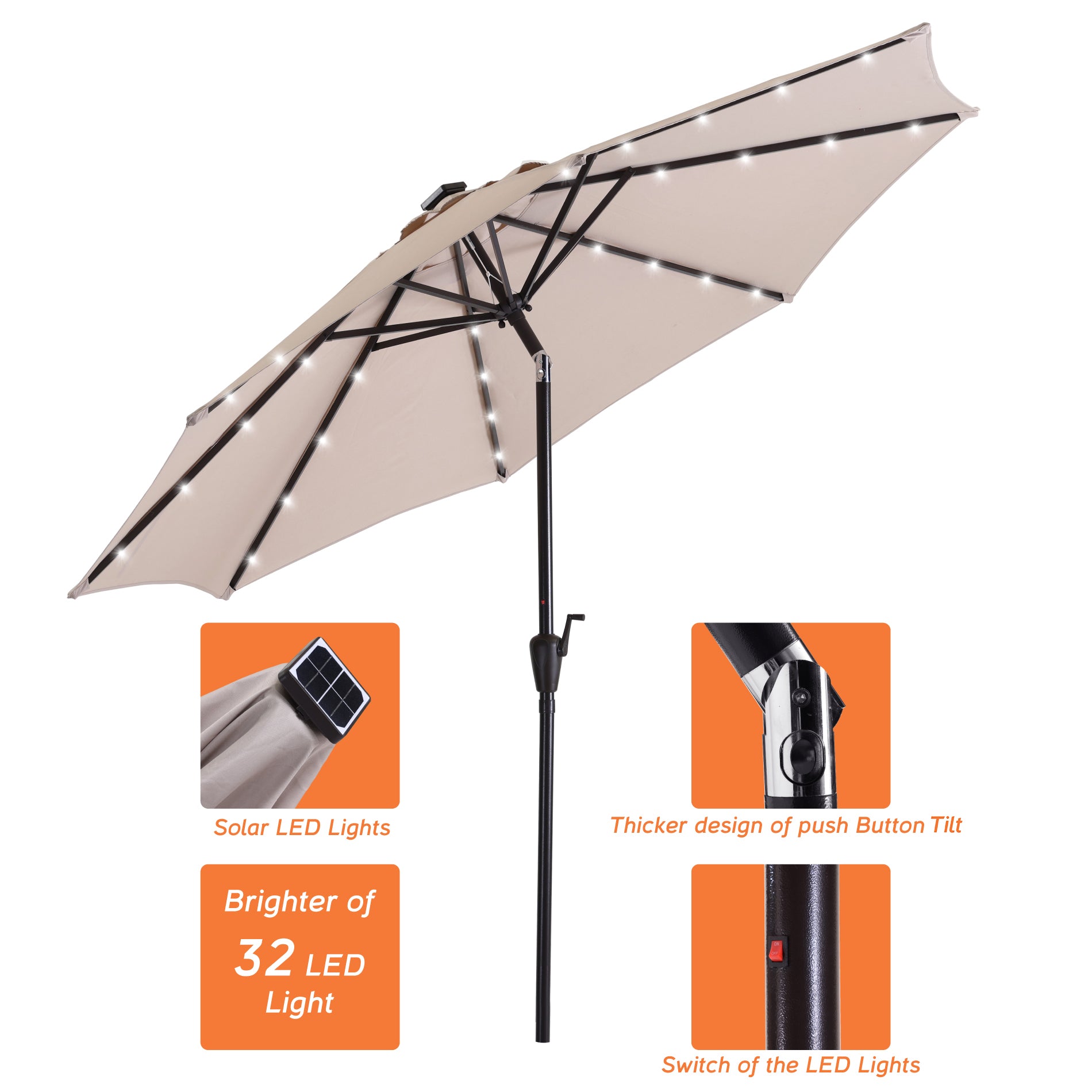 9Ft Patio Cast Aluminum Umbrella with 32 LED Solar Lights-Boyel Living