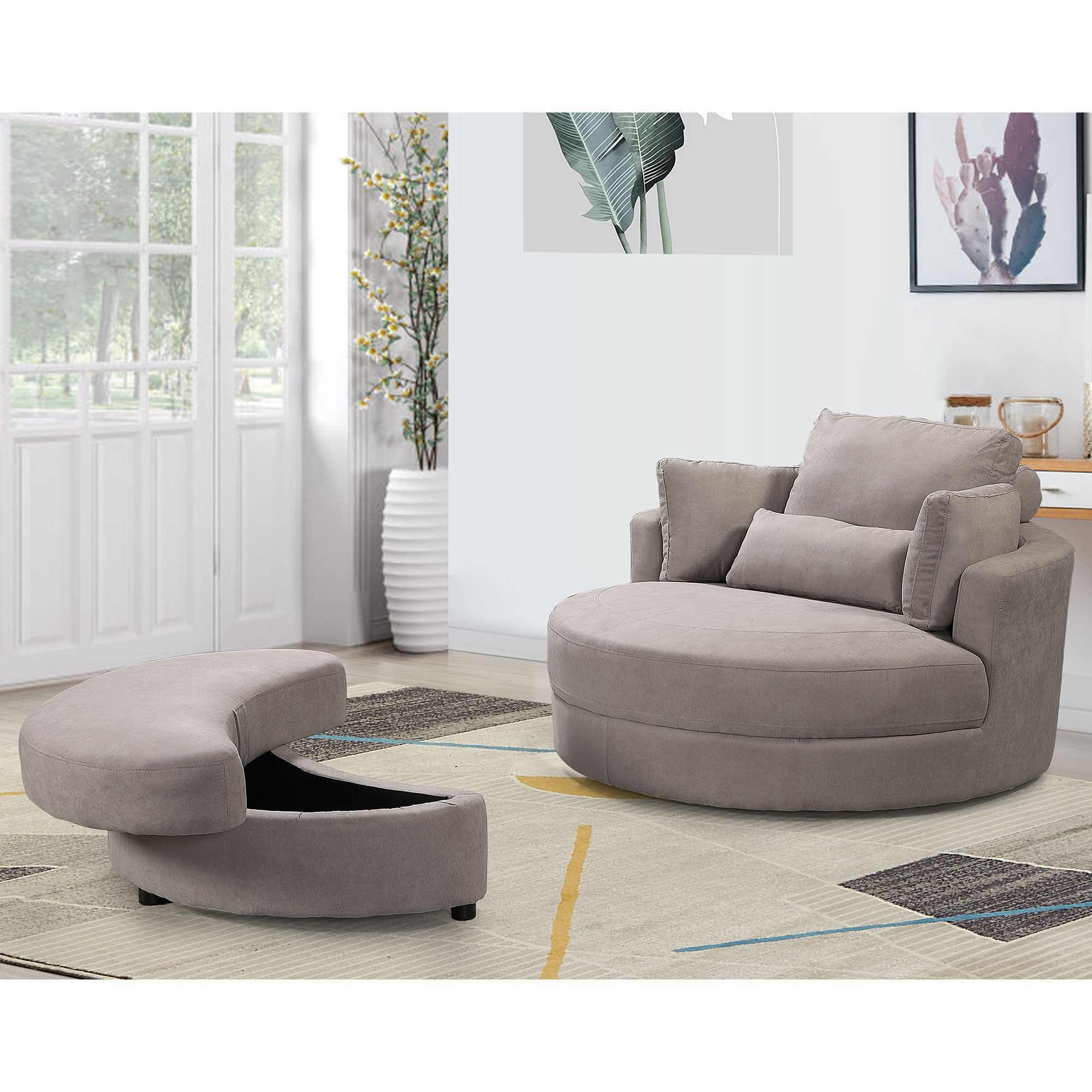 Welike Swivel Accent Barrel Modern Grey Sofa Lounge Club Big Round Chair with Storage Ottoman Linen Fabric for Living Room Hotel with Pillows-Boyel Living