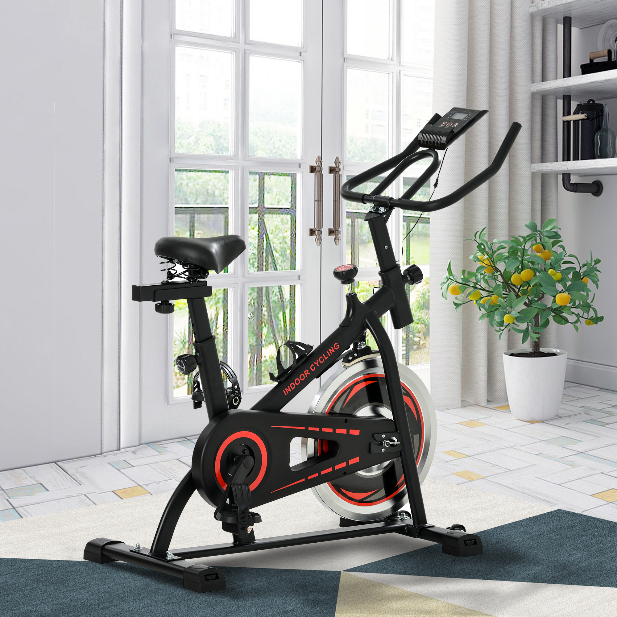 Movable Indoor Cycling Bike with LCD Monitor,Ipad Mount for Home Cardio Gym Machine,Home Use,Red-Boyel Living