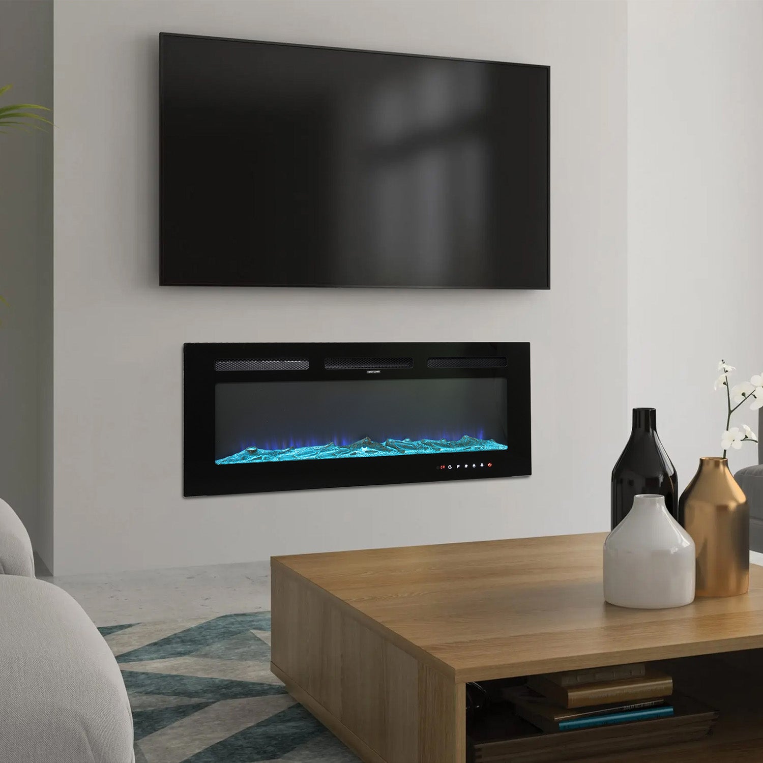 Boyel Living Electric Wall Mounted Recessed Fireplace with Remote 1500/750 Watt in Black, 30/36/40/50/60 in.-Boyel Living