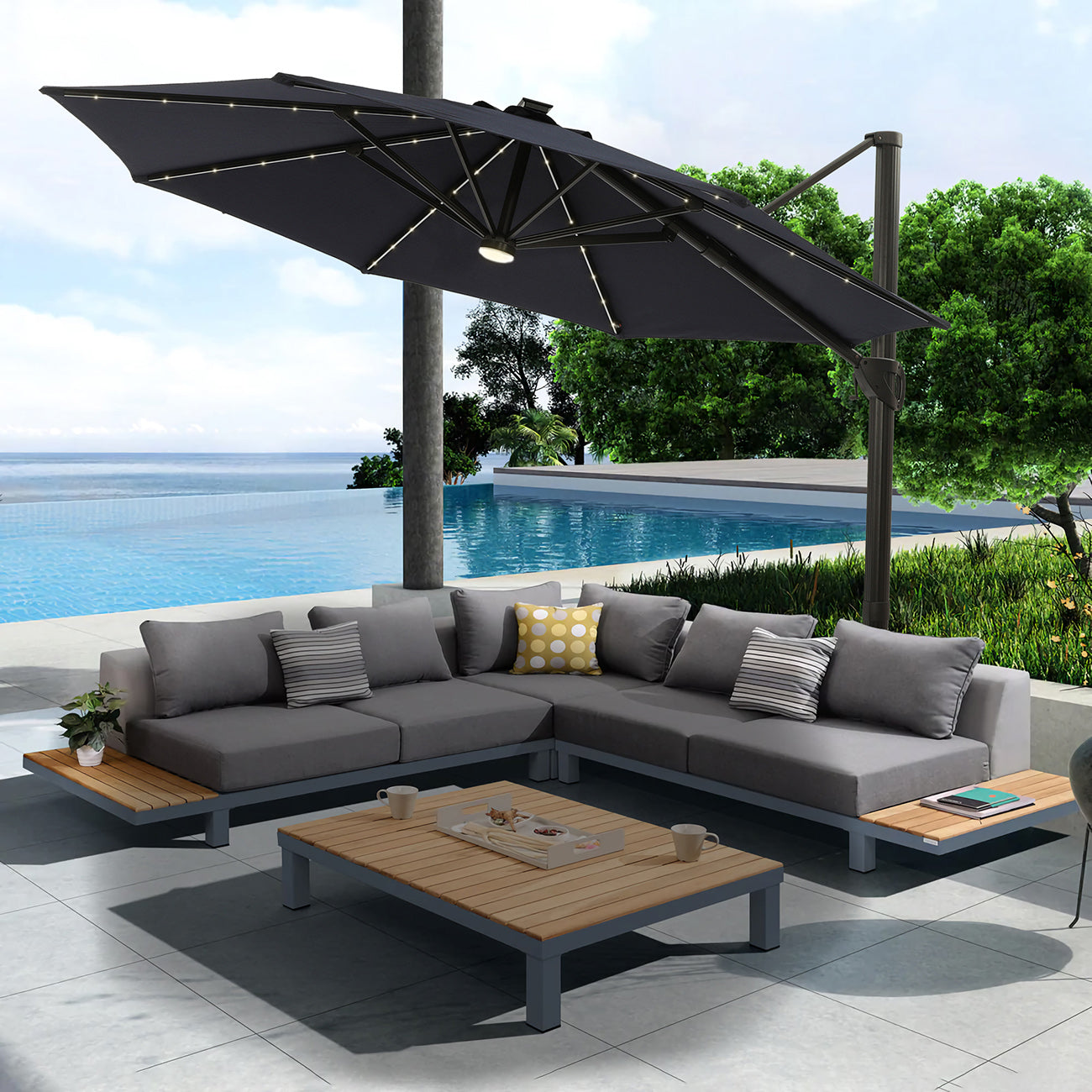 11Ft Solar Tube Light-Emitting Diode Patio Round Umbrella Outdoor Market Hanging Aluminum Umbrella with Crank and Base-Boyel Living