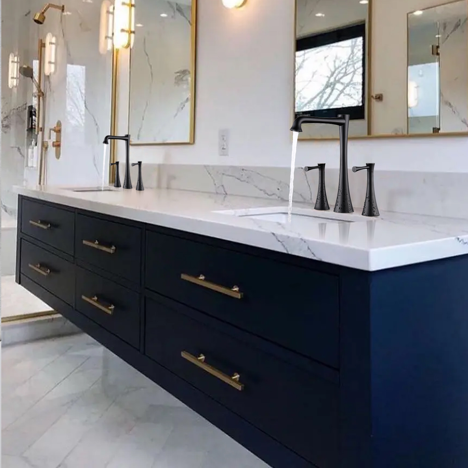 Widespread 2 Handles Bathroom Faucet with Drain Assembly, Gold/ Matte Black 