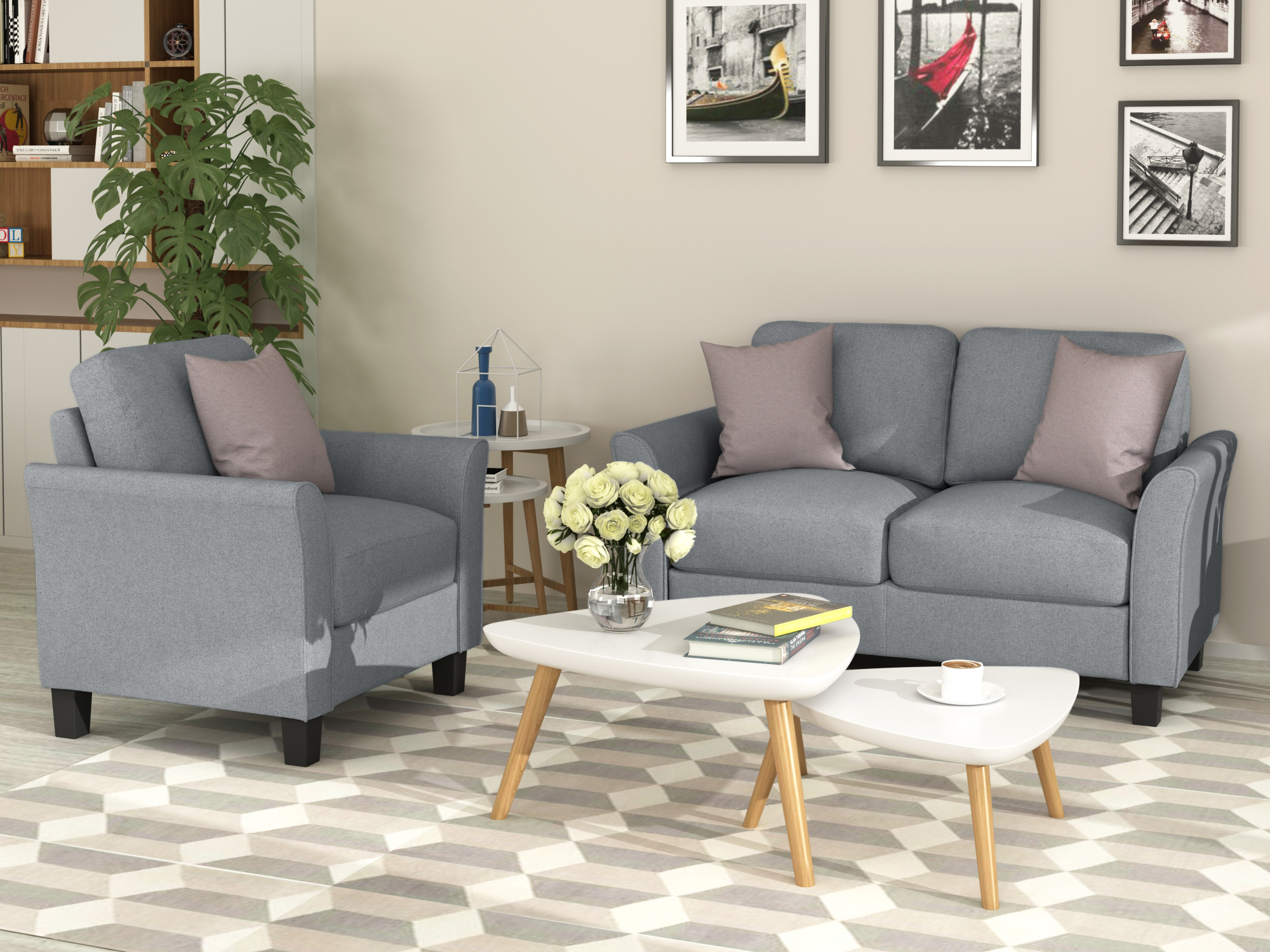 Living Room Furniture Armrest Single Sofa   and Loveseat Sofa (Gray)-Boyel Living