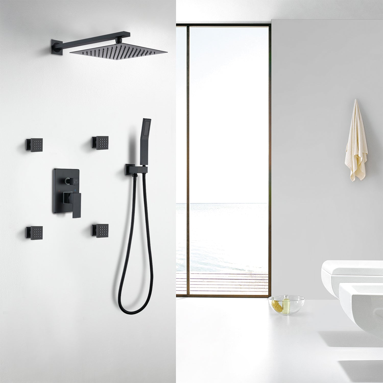 Matte Black Waterfall Wall Mount Shower System with Handheld and 4 Side Spray-Boyel Living